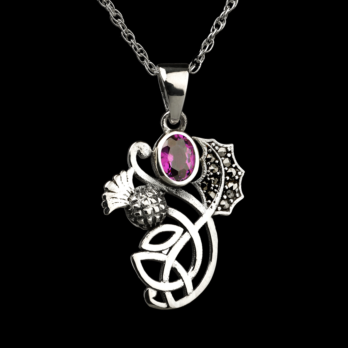 Schottische Distel Kette aus Sterling Silber mit Markasit & Amethyst