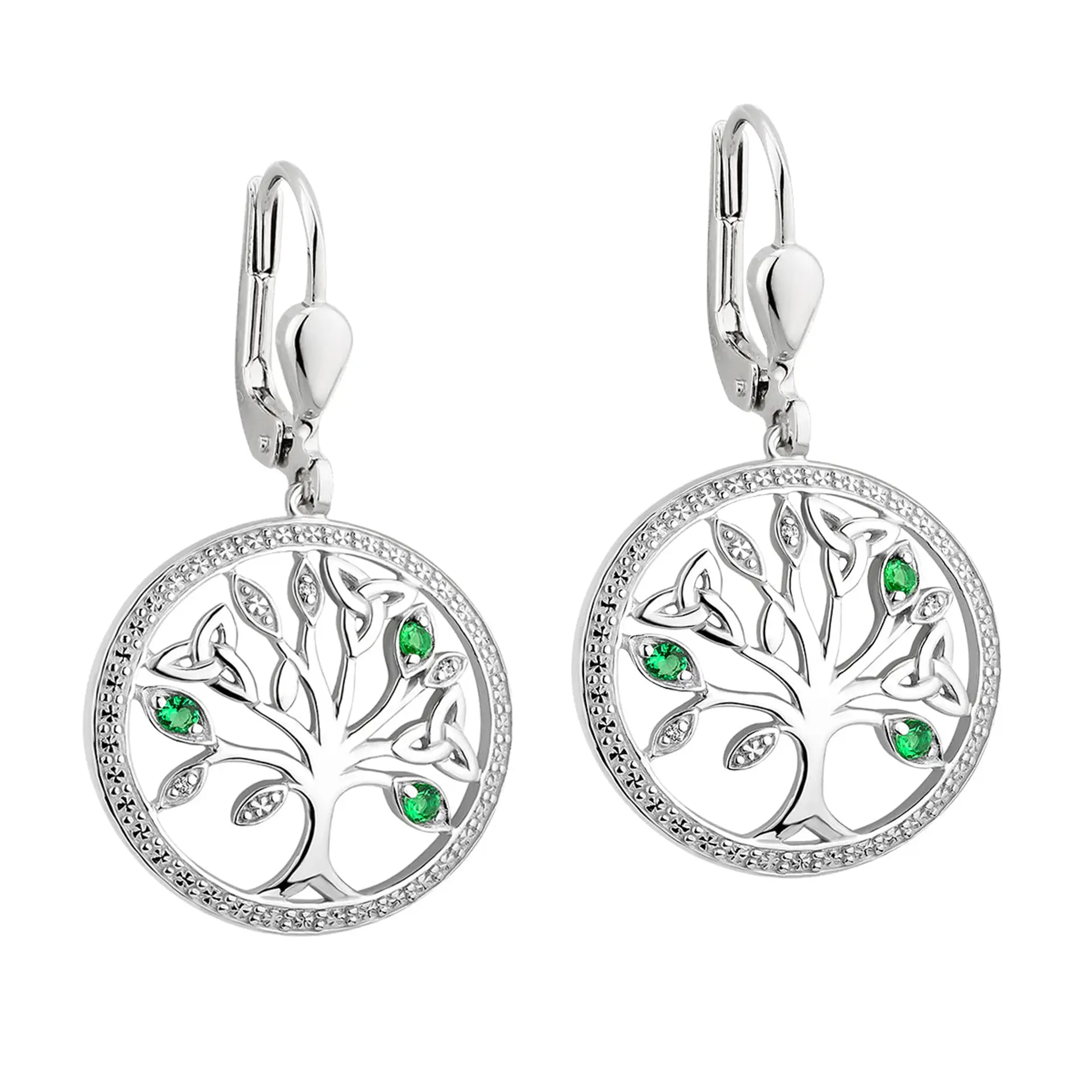 Keltische Lebensbaum Ohrhänger aus Irland – Sterlingsilber mit grünen Kristallen
