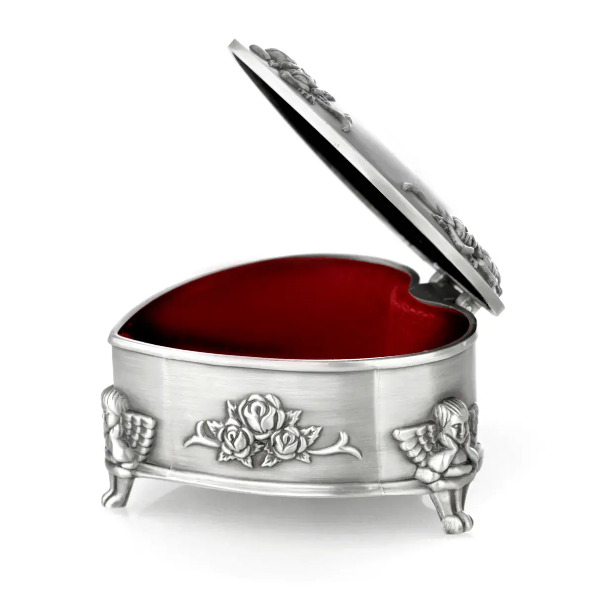 schmuck-schatulle-claddagh-keltisch-silber-metall-irland-008a Irische Schmuckschatulle in Herzform - verziert mit Engeln & Rosen