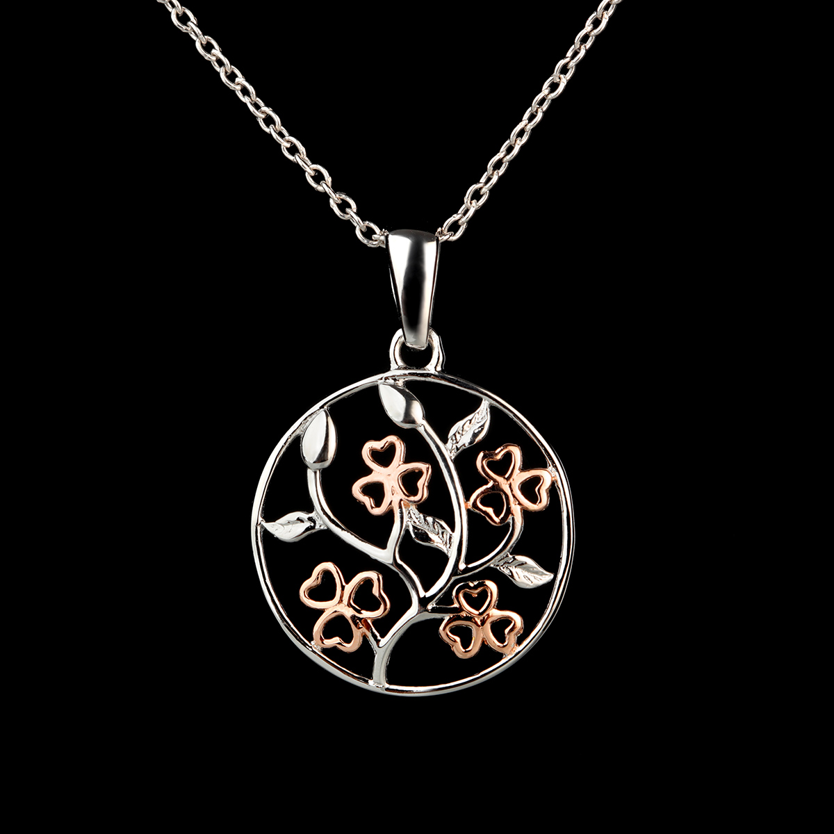 lebensbaum-irish-shamrock-kette-irland-002 Filigrane Lebensbaum & Shamrock Kette aus Irland - Sterling Silber mit Rosé-Vergoldung