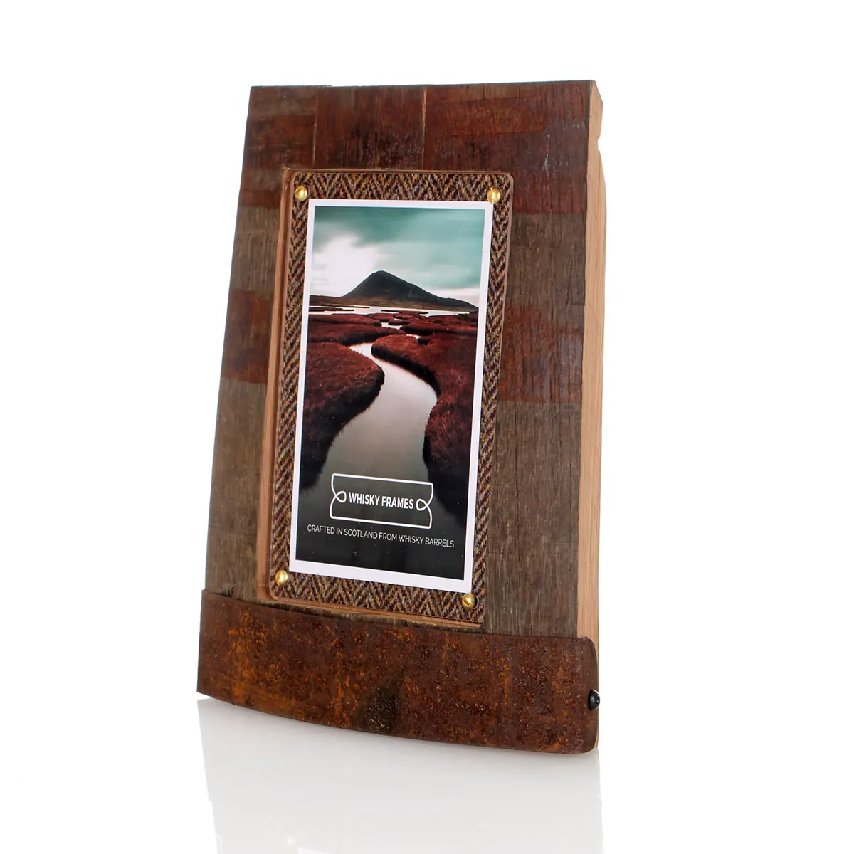 Whiskyfass-Fotorahmen 10x15 cm - Handgefertigt aus recyceltem Fassholz (Eiche) & Harris Tweed