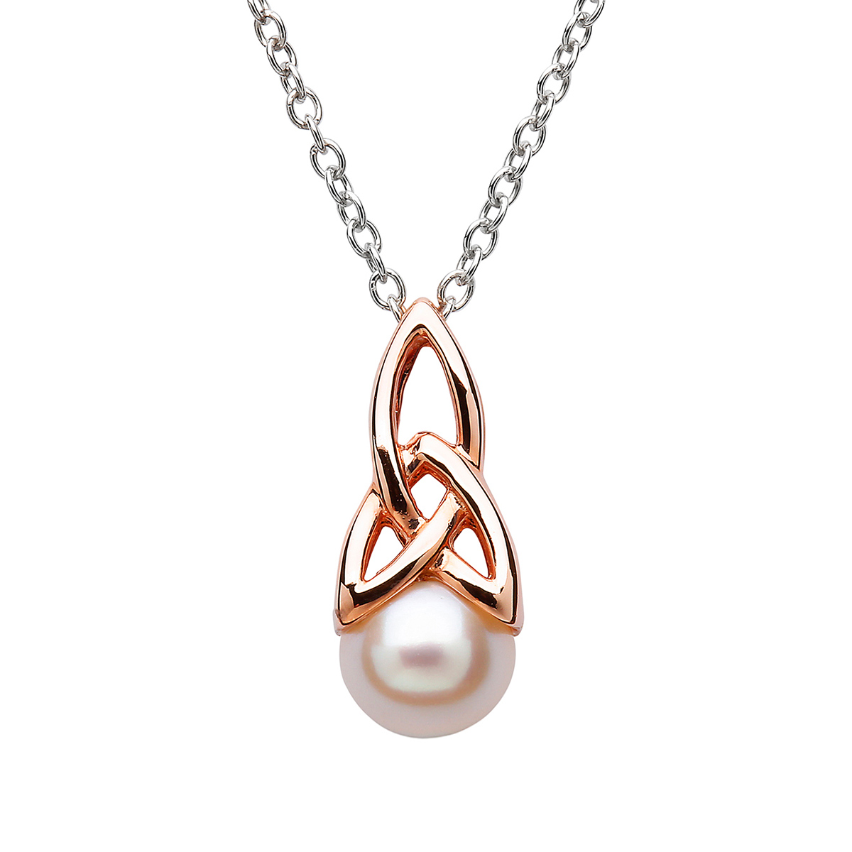 trinity-rose-gold-pearl-perle-kette-irland Keltischer Trinity Anhänger aus Irland - Sterling Silber mit Roségold & Perle