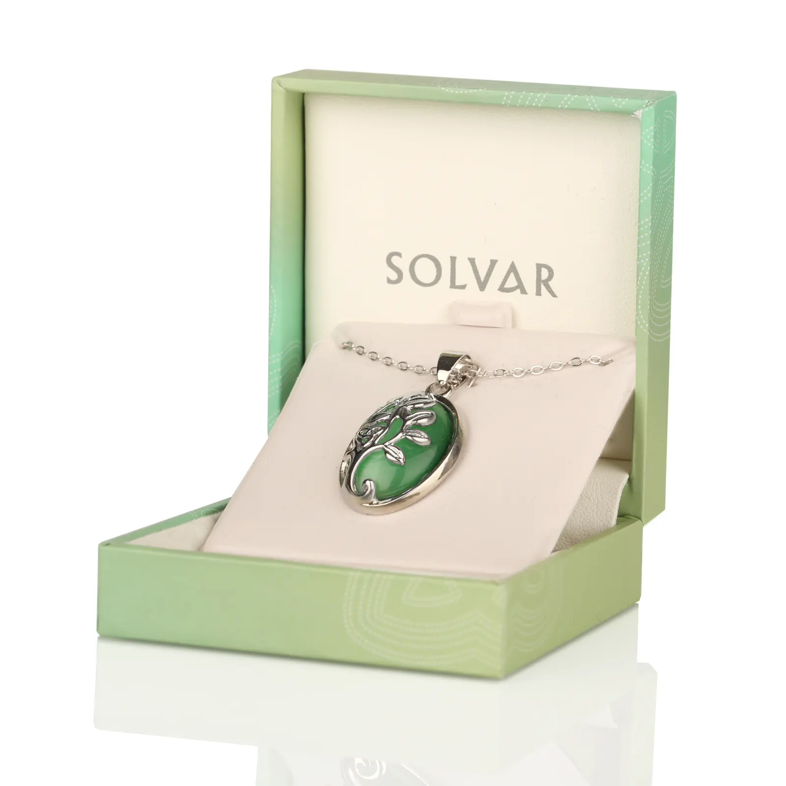 Tree of Life Anhänger aus Edelstahl mit grünem Cat-Eye