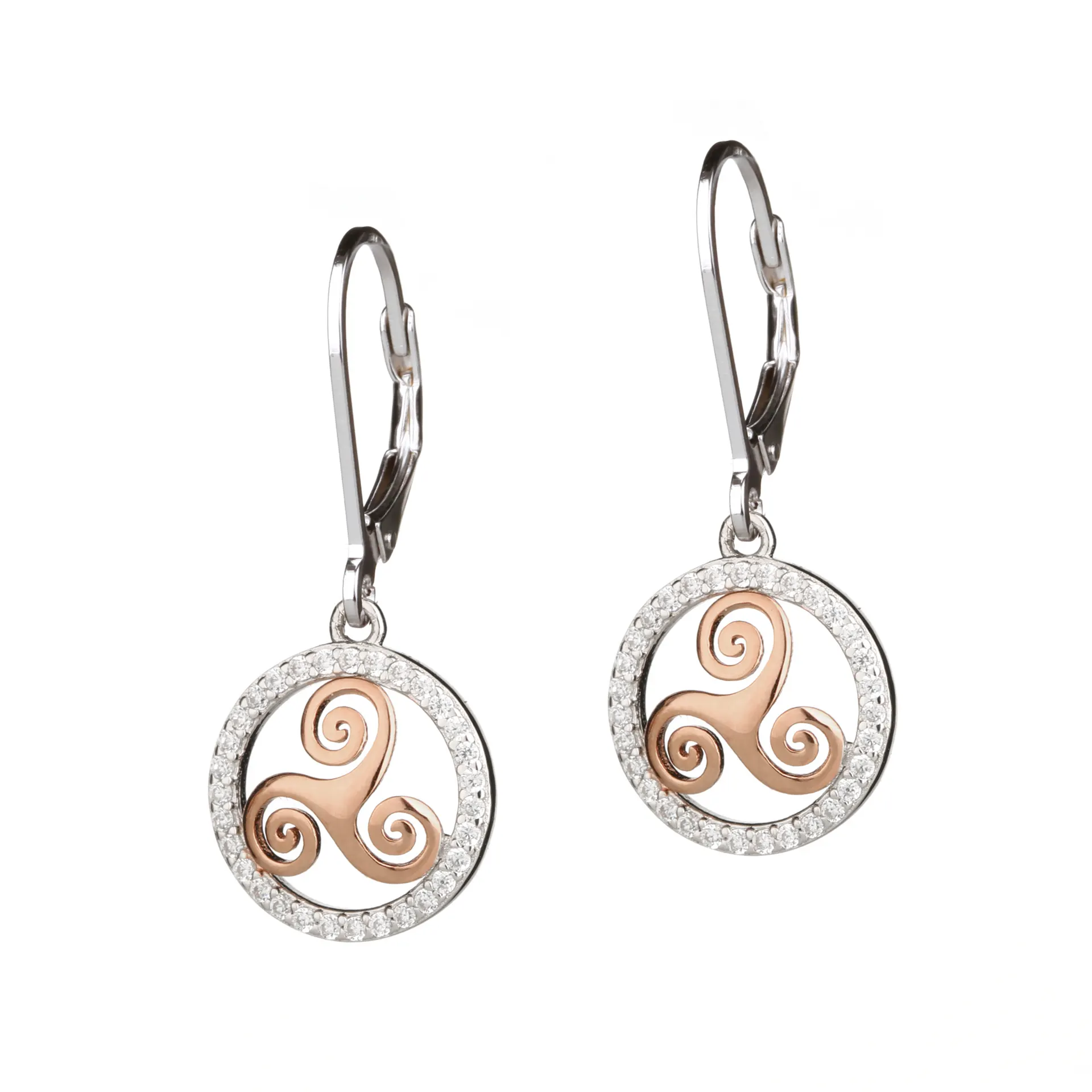 Keltische Triskele Ohrhänger aus Sterling Silber mit Roségold & Kristall Keltische Triskele Ohrhänger aus Sterling Silber mit Roségold & Kristall