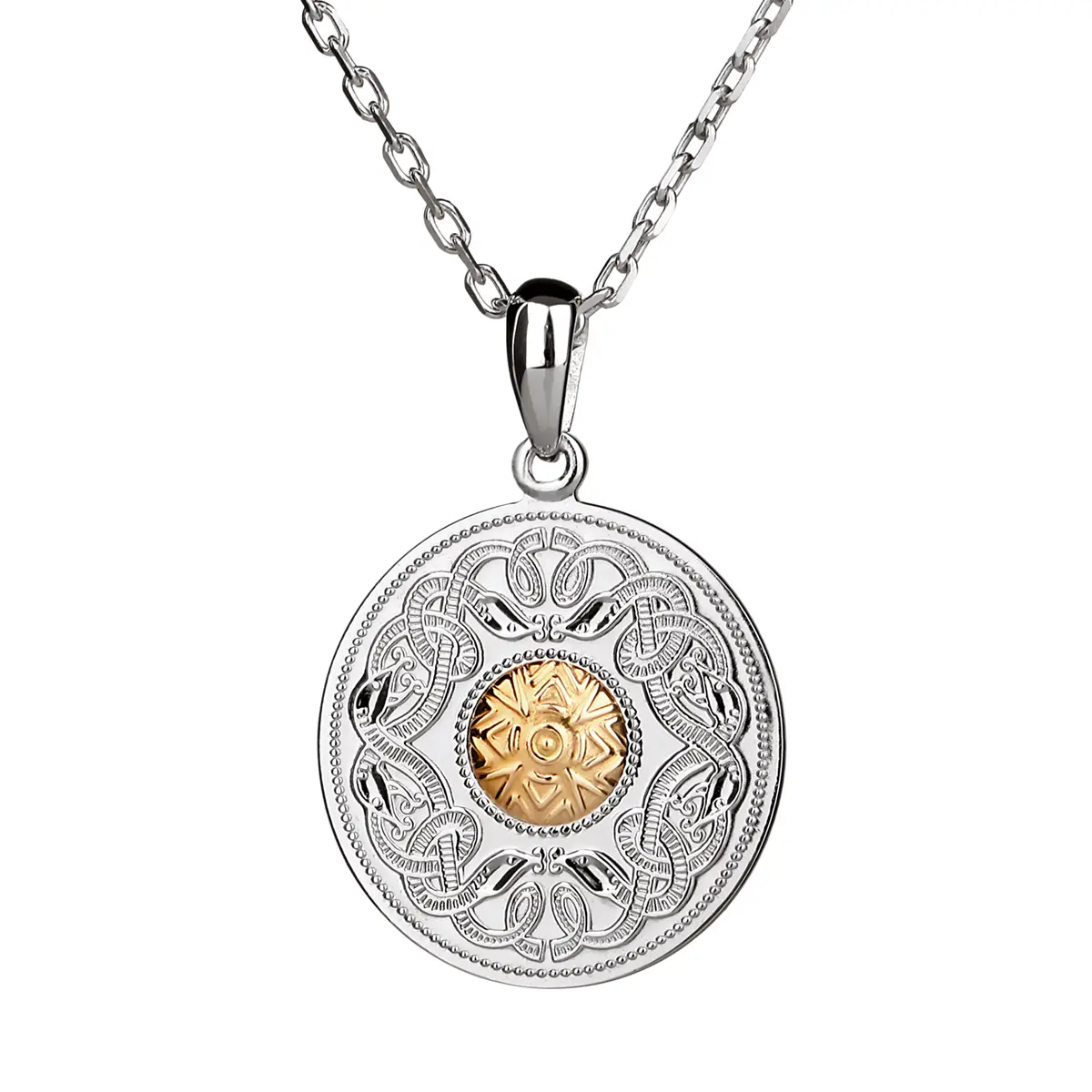 kette-anhaenger-keltisch-celtic-warrior-irland-silber-gold-rund-001 Celtic Warrior Disc - keltische Kette aus Irland mit Gold Bead