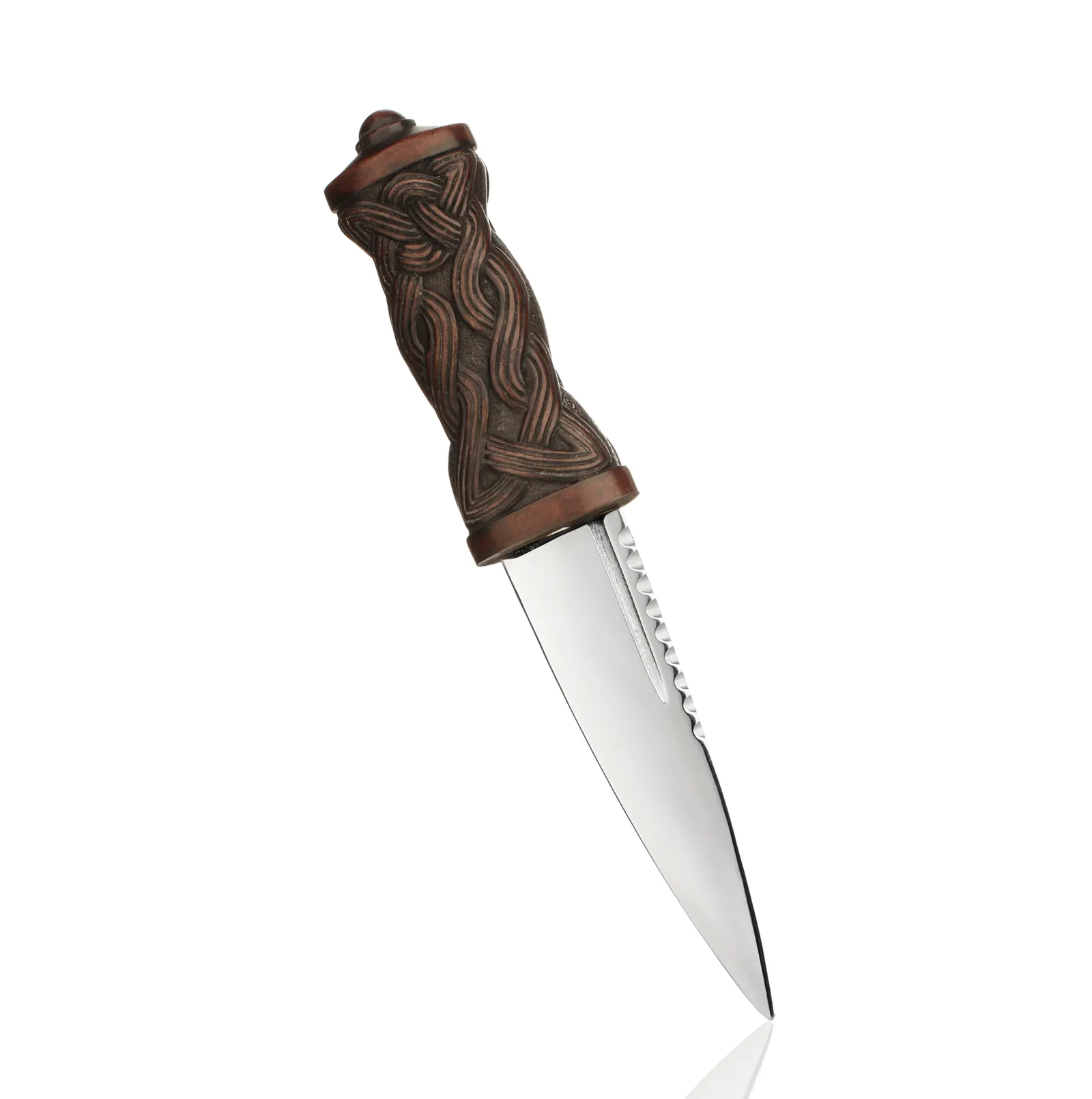 Daywear Sgian Dubh mit keltischem Muster und brauner Lederscheide – handgefertigt in Schottland