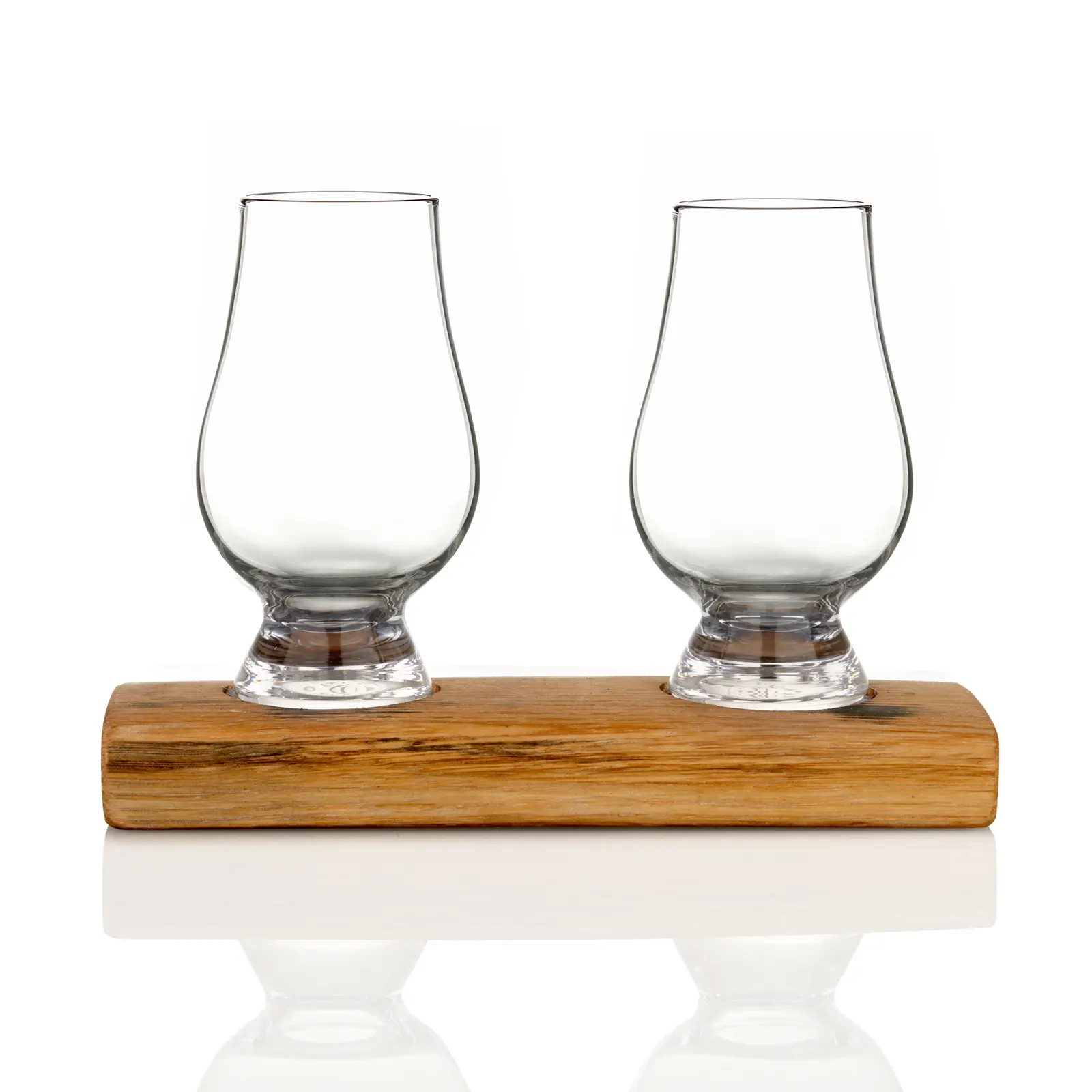 Whisky Fass Flight Tray aus Eiche - passend für 2 Glencairn Tasting Gläser