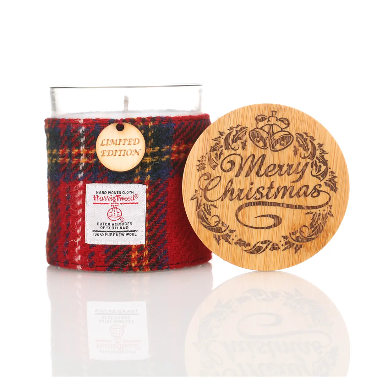Merry Christmas - Glühwein Duftkerze im Glas mit Harris Tweed Hülle & Holzdeckel Merry Christmas - Glühwein Duftkerze im Glas mit Harris Tweed Hülle & Holzdeckel