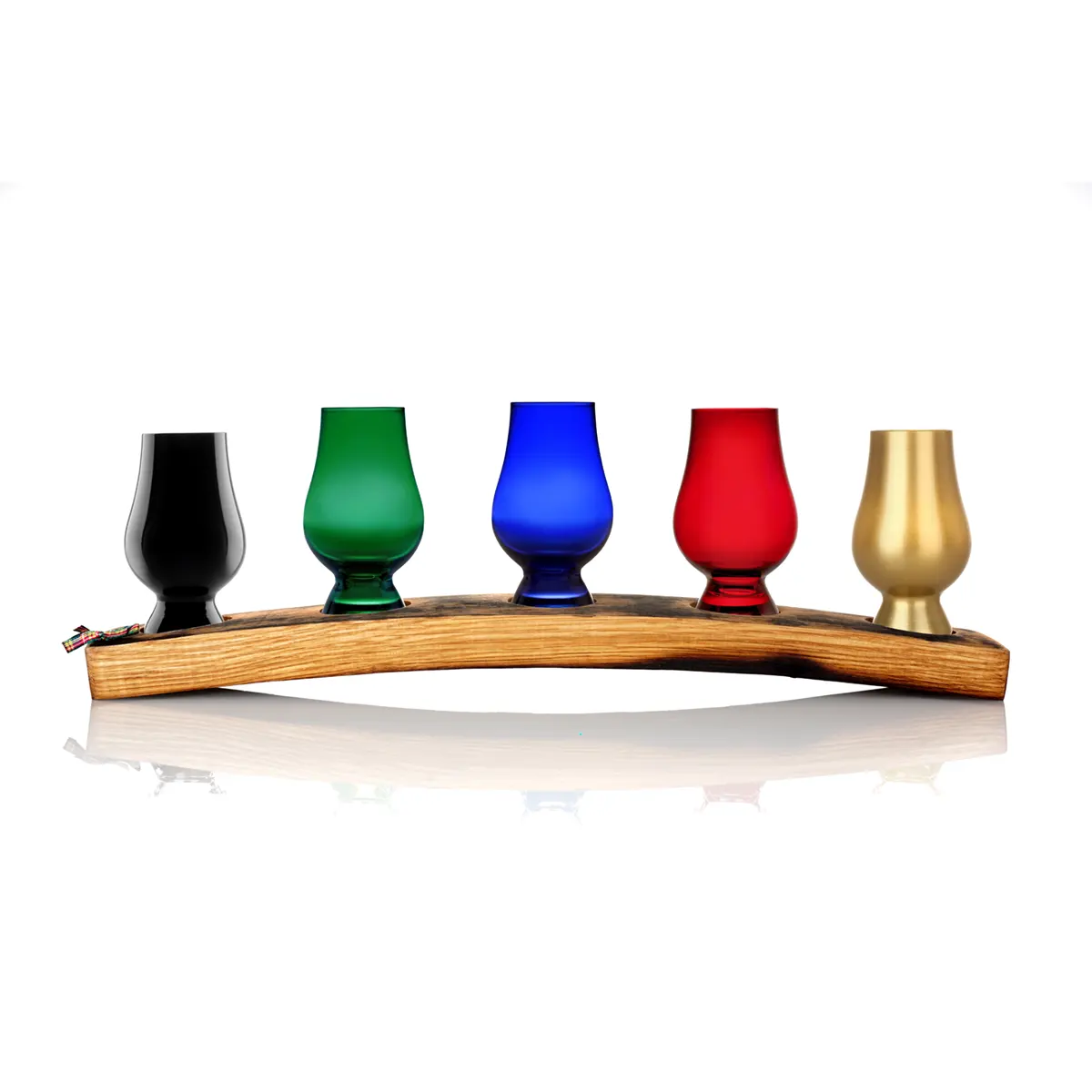 Glencairn Blind Tasting Set - 5 x Coloured Glencairn Glas auf Whisky Fass Tray