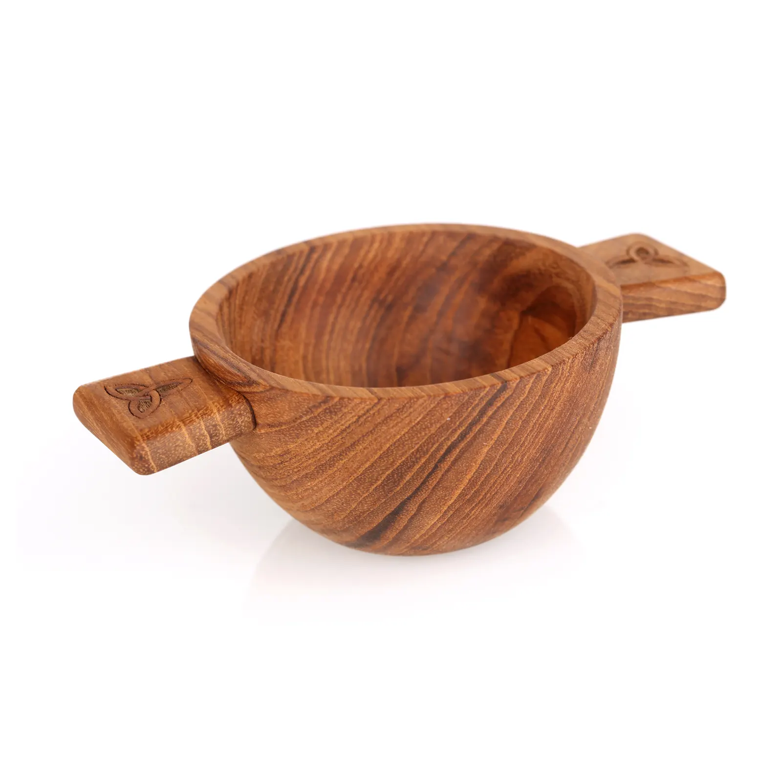 Schottischer Highland Whisky Quaich - Teakholz mit keltischer Schnitzerei