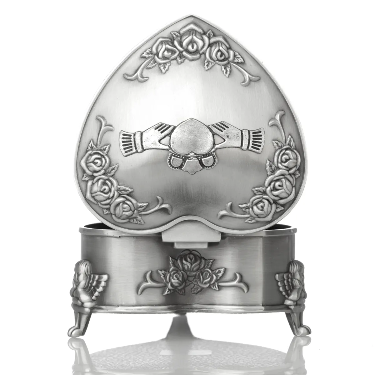 schmuck-schatulle-claddagh-keltisch-silber-metall-irland-010 Irische Claddagh Schmuckschatulle in Herzform - verziert mit Engeln & Rosen