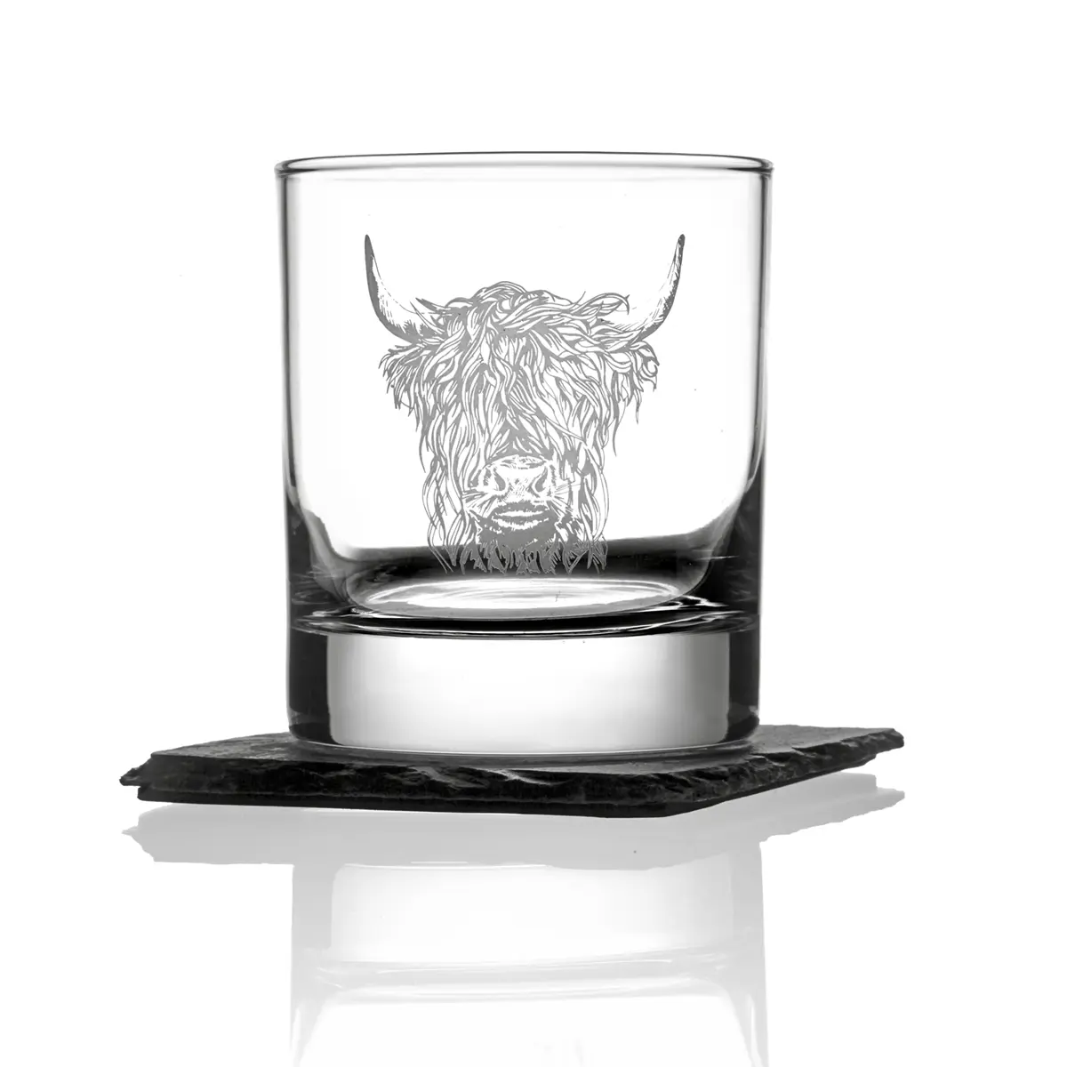 Highland Cow - Whisky Glas & Schiefer Untersetzer Set