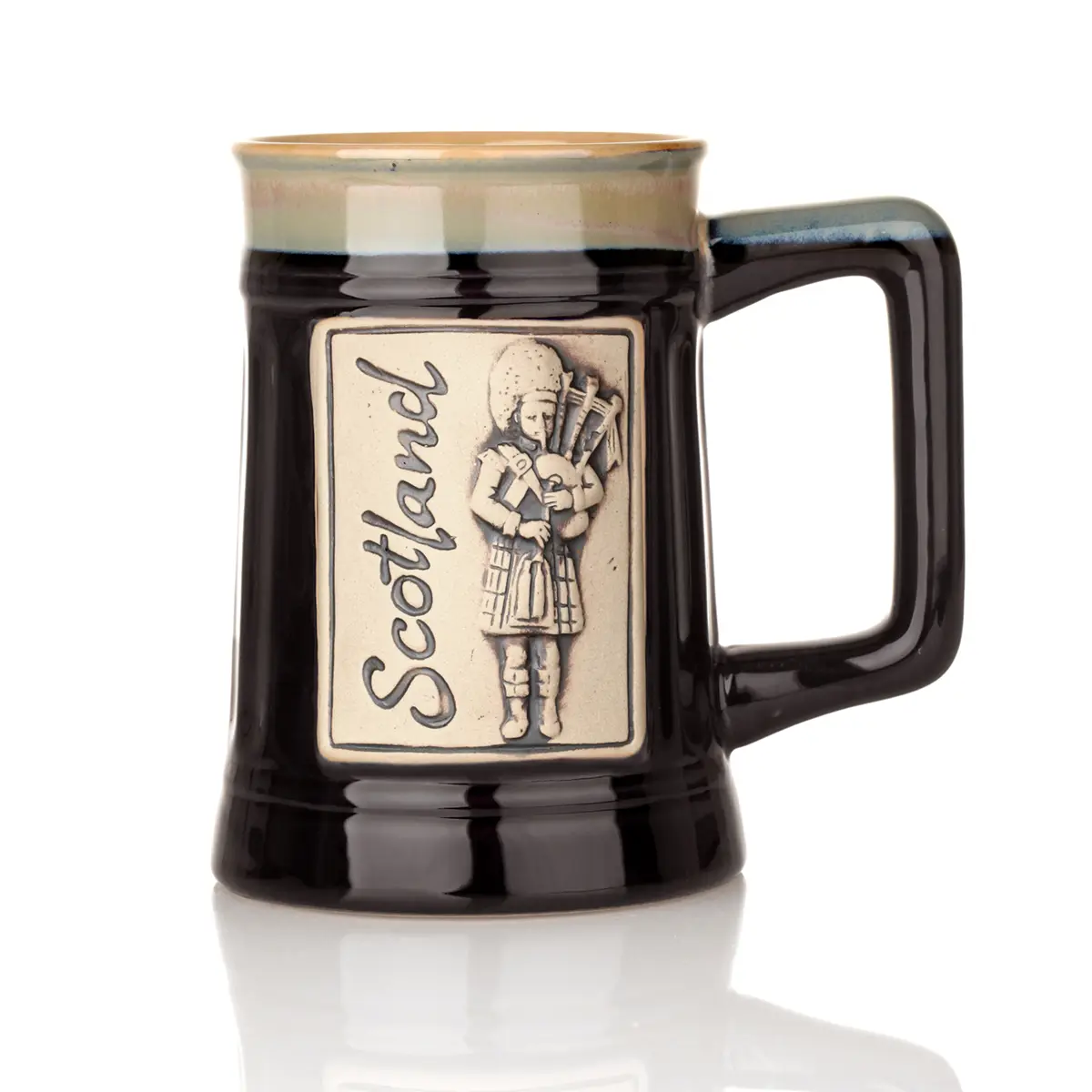 bier-krug-becher-tankard-schottland-piper-dudelsack-002 Scottisch Piper - Schottischer 1 Pint Bierkrug mit Dudelsackbläser -Schwarz
