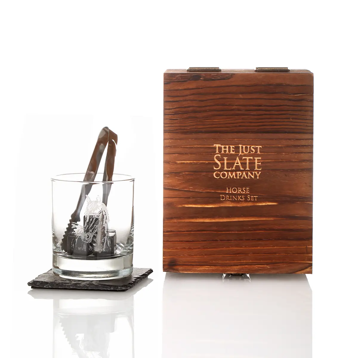 Horse Whisky Set - Whiskyglas mit Whiskysteinen & Schiefer Untersetzer in Holzbox