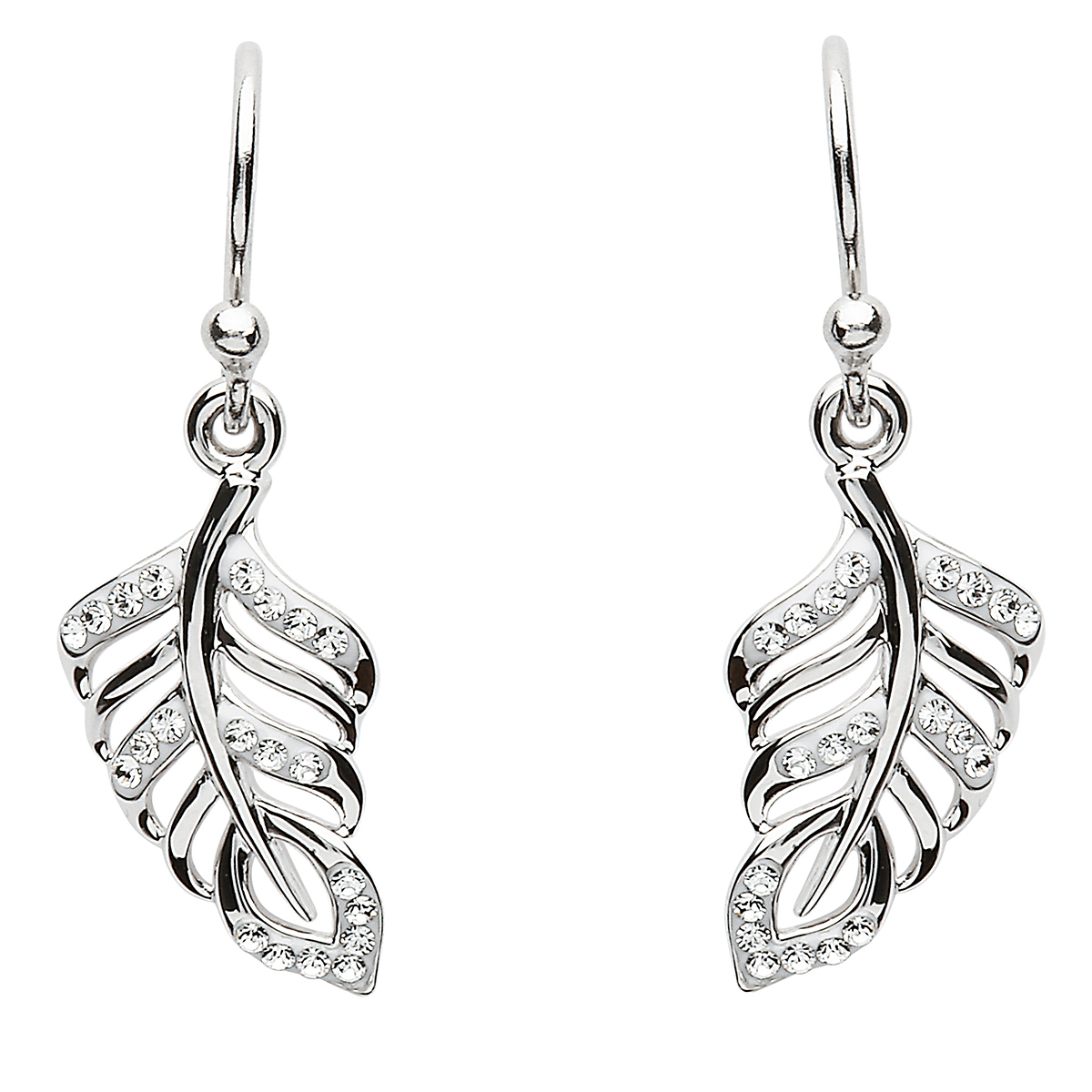 feather-feder-irland-ohrringe Silver Leaf Ohrhänger aus Irland - Zwei Blätter aus Sterlingilber & Swarovski Kristall