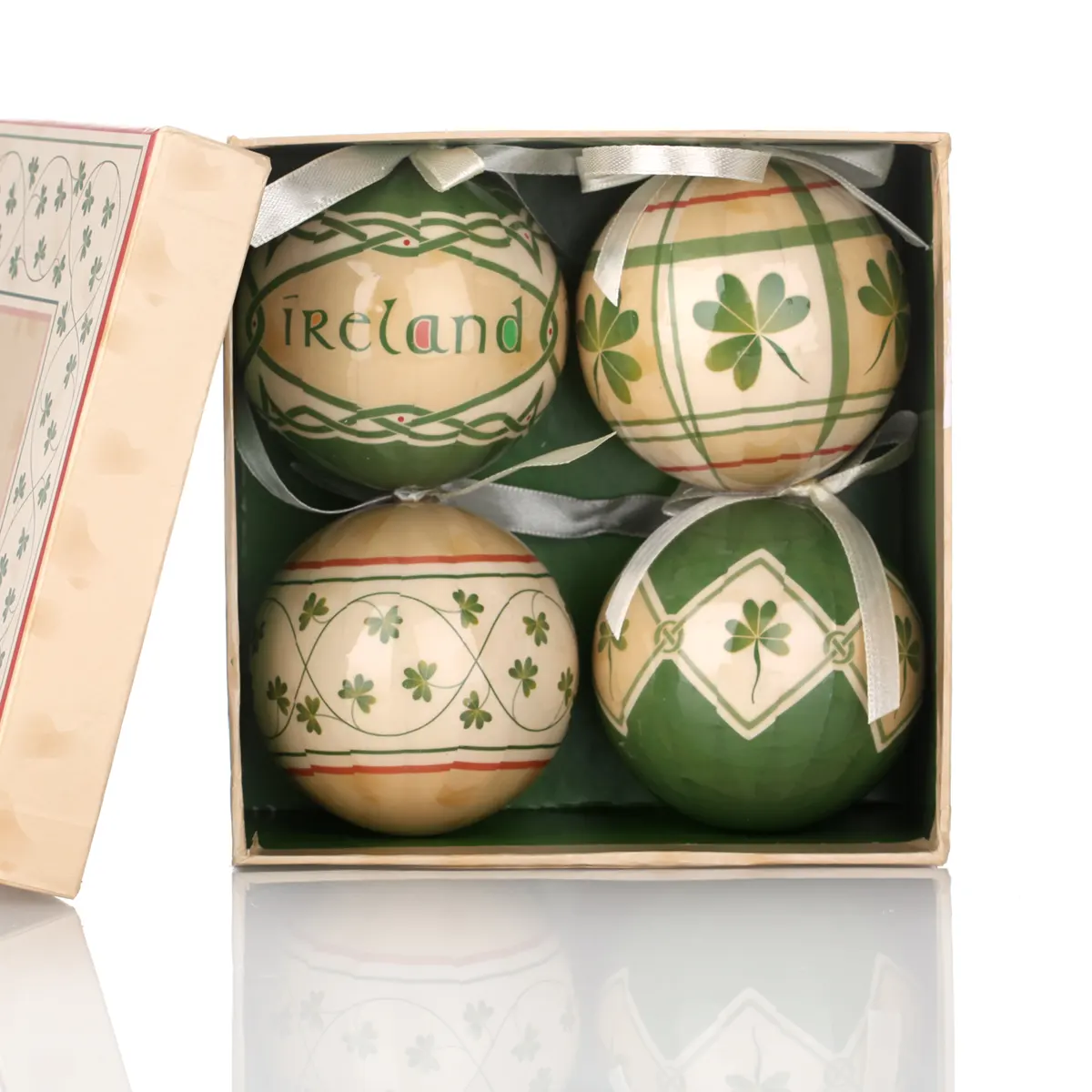 Irish Shamrock - 4 Traditionelle Weihnachtskugeln aus Irland im Kleeblatt-Design