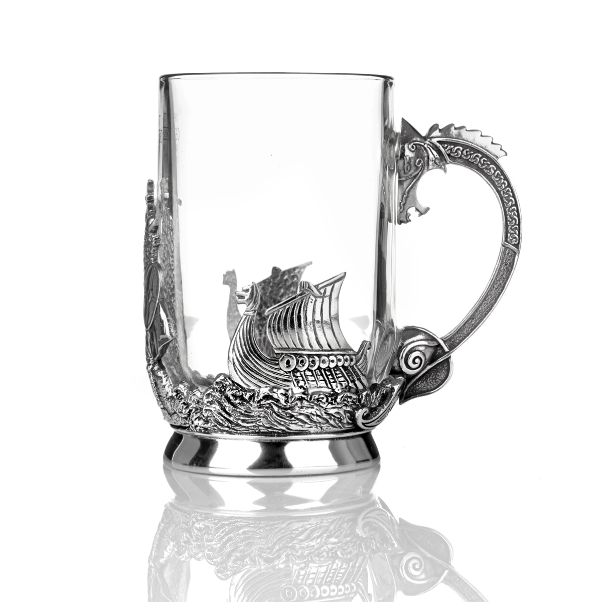 bier-ale-krug-glas-silber-wikinger-drachenboot-003 Skål - Wikinger Bierkrug aus Glas & Zinn mit Drachenschiff & keltischen Mustern