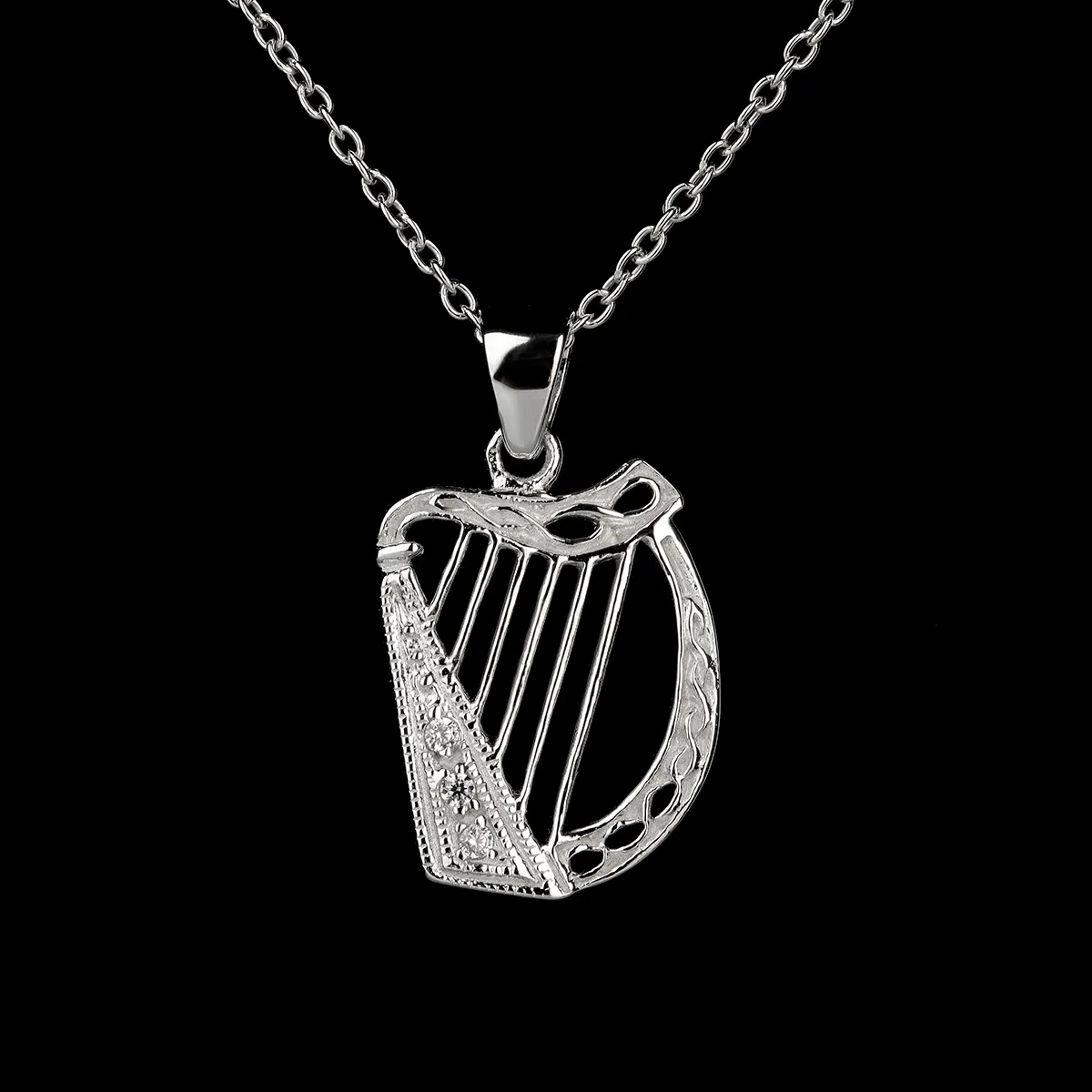 Keltische Harfe aus Sterlingsilber mit Kristallen – handgefertigt in Irland