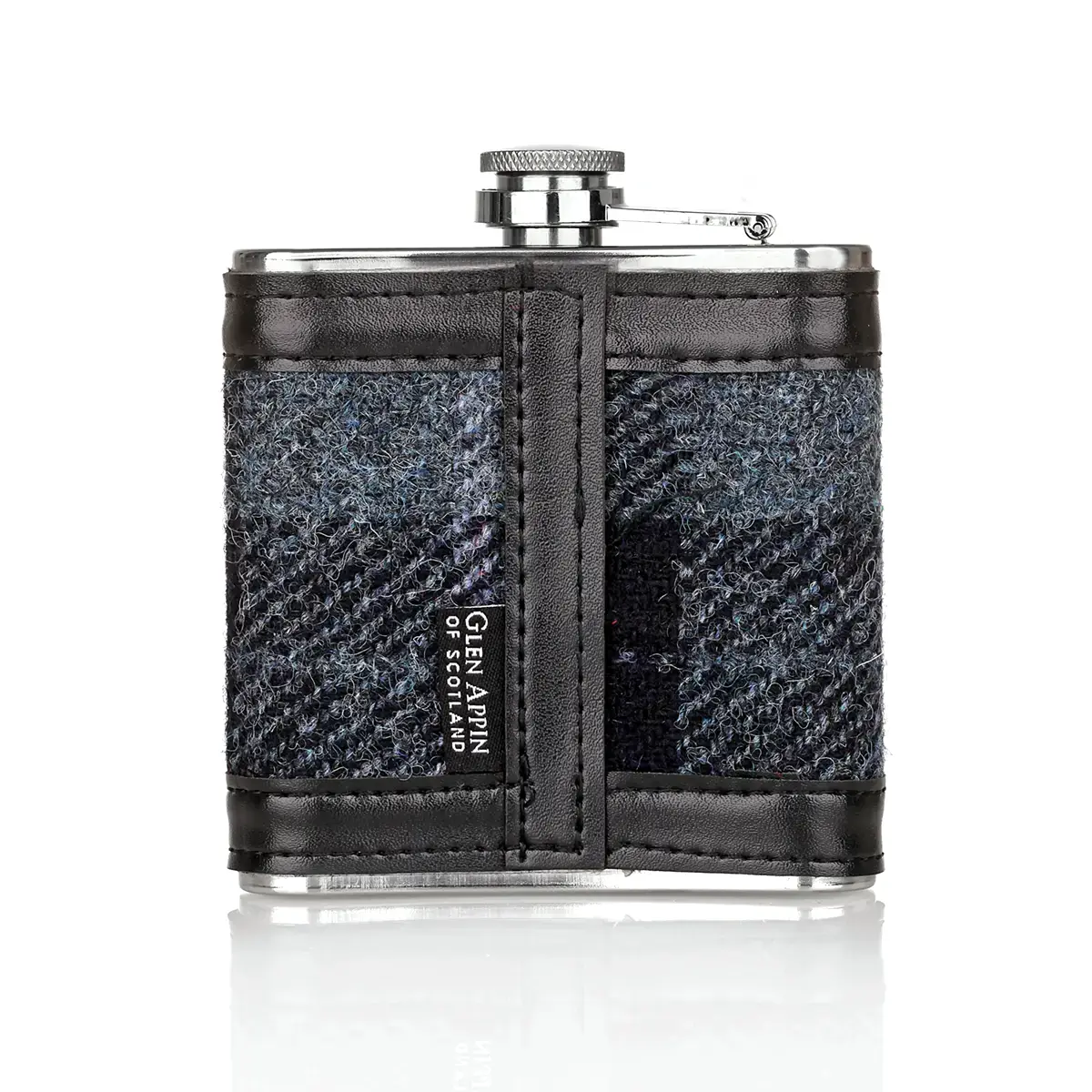 flachmann-hip-flask-edelstahl-schottland-tartan-harris-tweed-karo-002 Harris Tweed Flachmann aus Schottland in Grey Black Tartan