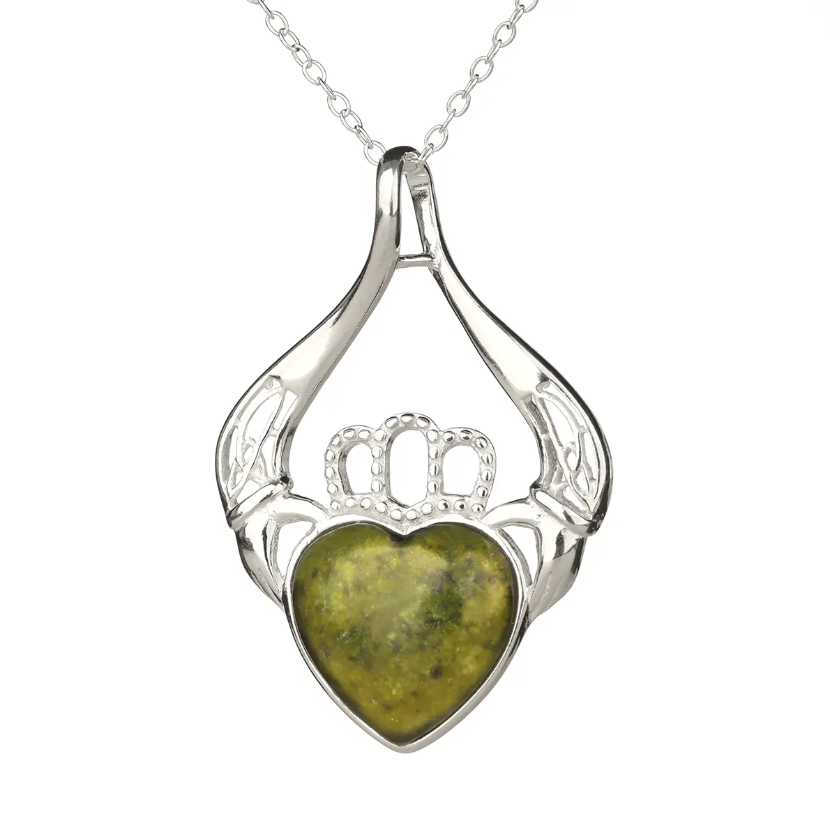 Irischer Claddagh Anhänger aus Sterlingsilber mit Connemara Marmor