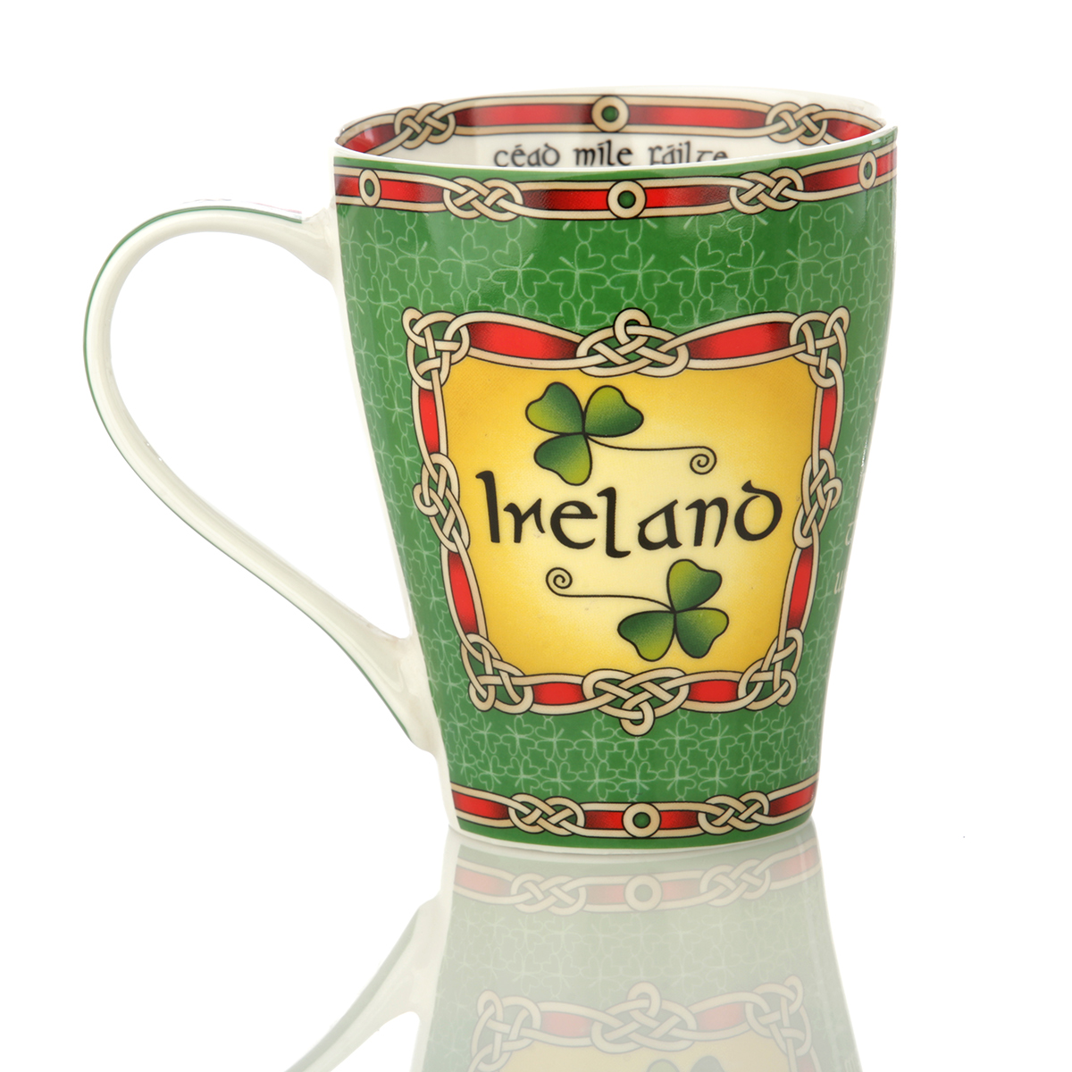 Kaffeebecher-Mug-irland-irish-shamrock-kleeblatt-018 Cead Mile Failte Shamrock Mug - Irischer Kaffeebecher mit Kleeblättern & keltischen Mustern