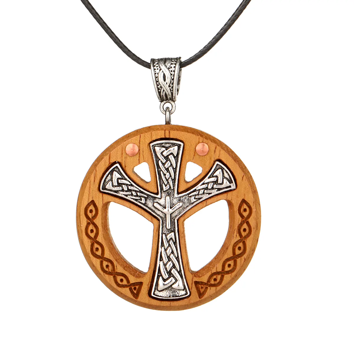 Celtic Cross - Iroko Holz Anhänger mit silbernem Kreuz &  keltischer Schnitzerei