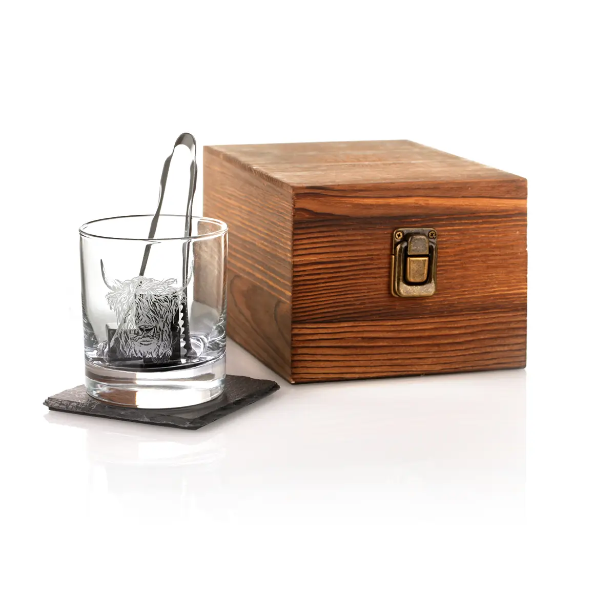 Highland Cow Whisky Set - Whiskyglas mit Whisky-Steinen & Schiefer Untersetzer in Holzbox