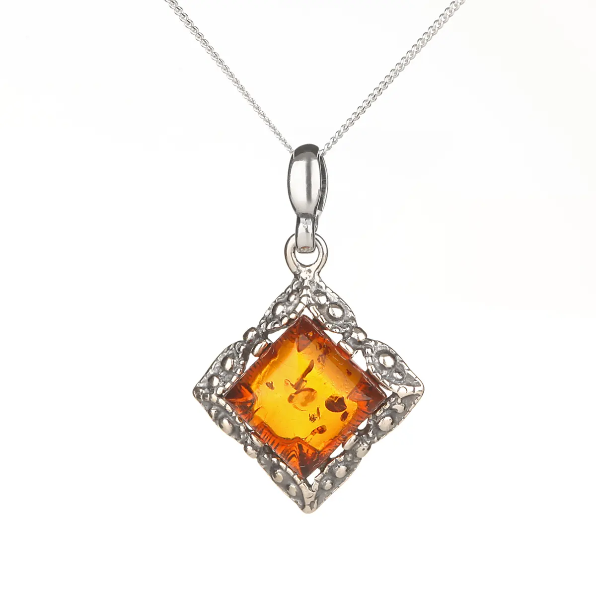 Dainty Amber Square - Irischer Anhänger aus honigfarbenem Bernstein & Sterling Silbe