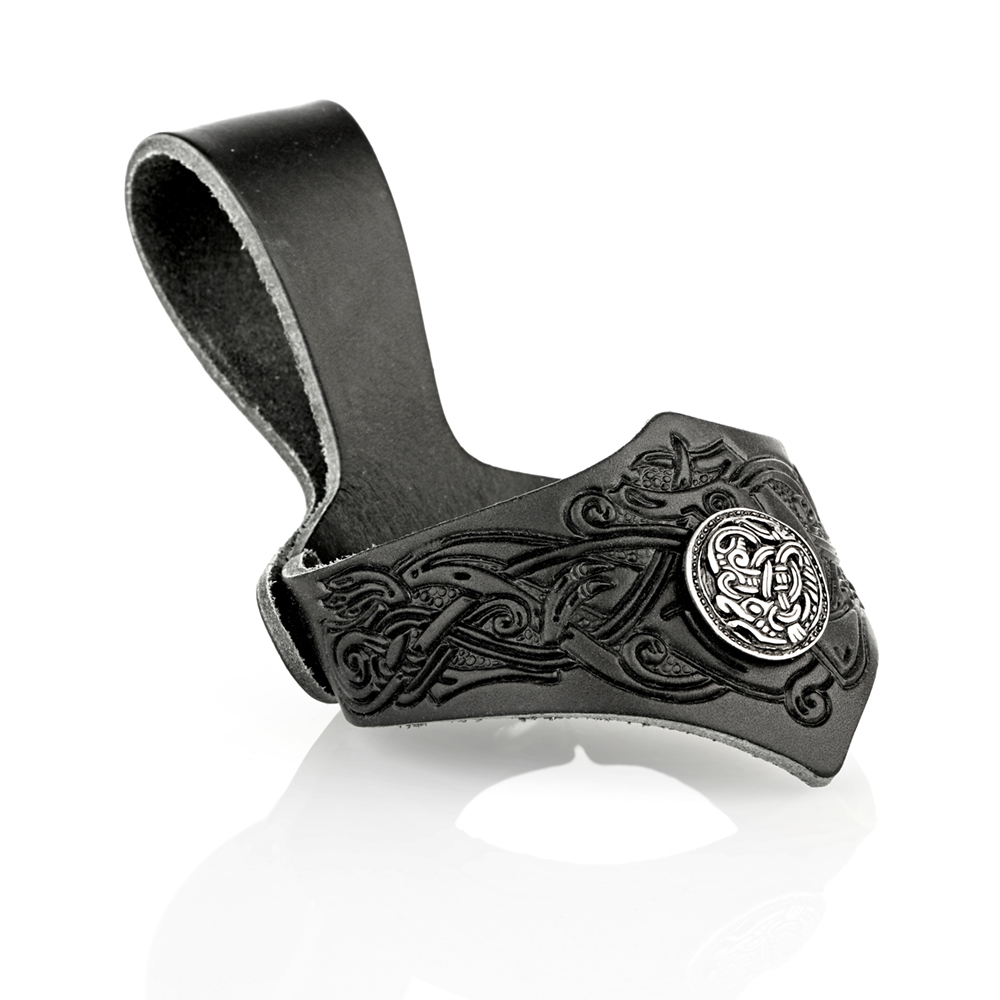 Trinkhornhalter  0,5 - 0,7 l - Leder schwarz mit Metallornament keltische Muster