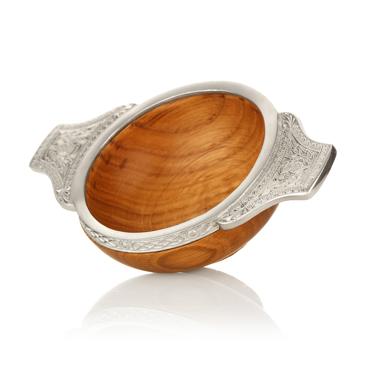 whisky-quaich-holz-schottland-highland-002 Schottischer Highland Whisky Quaich - Eichenholz & Zinn - keltische Muster