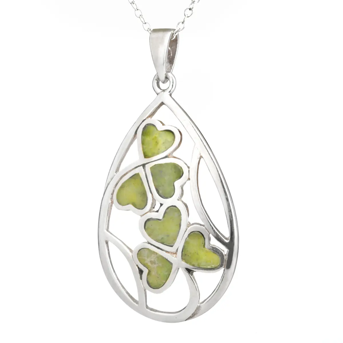 kette-anhaenger-connemara-marmor-silber-gruen-irish-shamrock-004 Hearts & Shamrock - Irische Kleeblatt Kette - Sterling Silber & Connemara Marmor