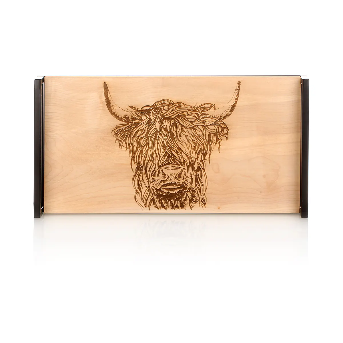 Highland Cow - Holz Tablett / Servierbrett aus Bergahorn & Metall - Made in Scotland