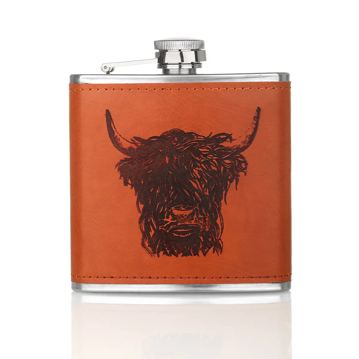 flachmann-hip-flask-leder-edelstahl-schottland-highland-cow-rind-002 Leather Highland Cow Hip Flask - Schottisches Rind Flachmann aus Edelstahl & Leder