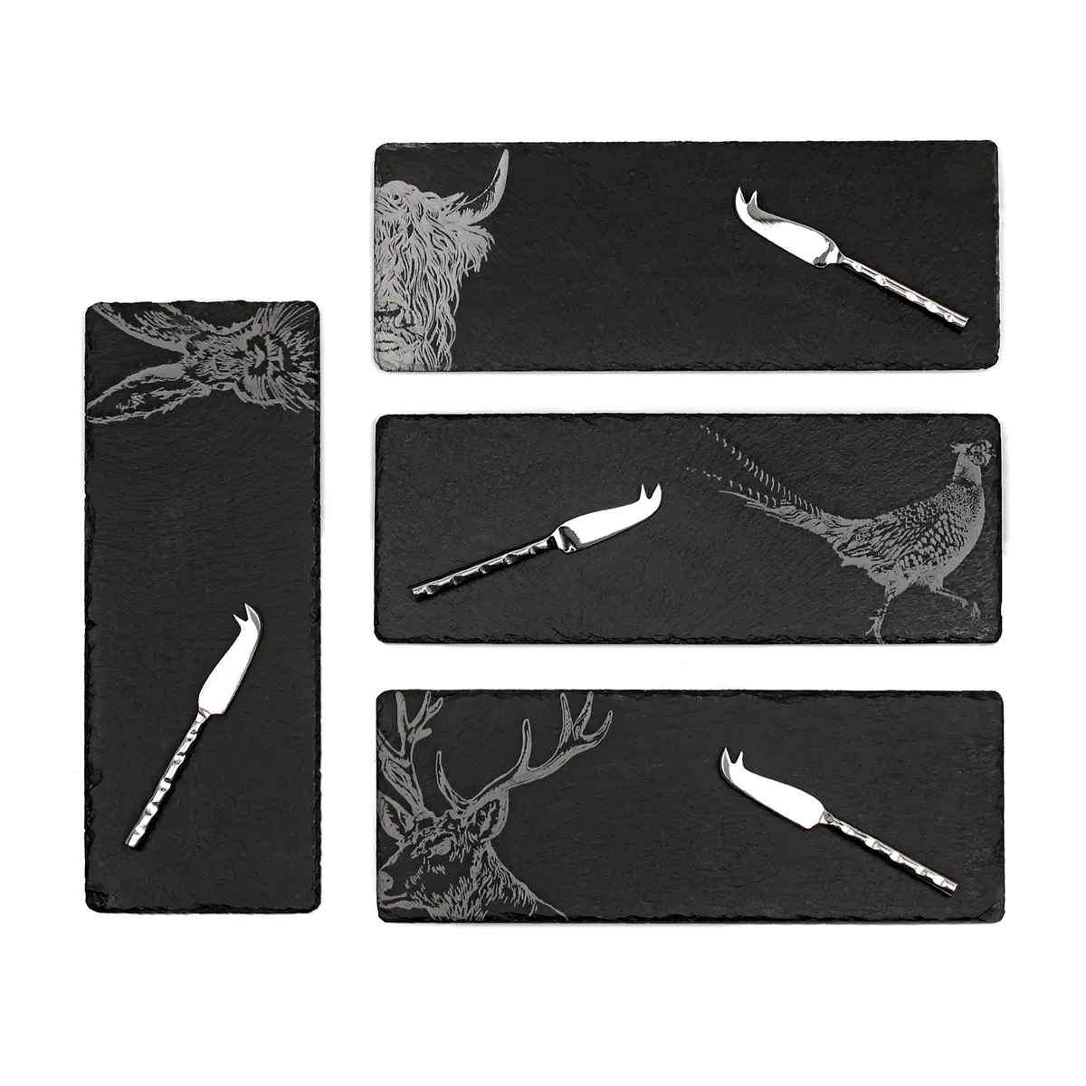 Kaeseplatte-Schottland-Country-Anmimals-Schiefer-Messer-4er-Set-001bij7i2Toj1F9i Country Animals - 4 Schiefer Käseplatten & Messer Set - Made in Scotland