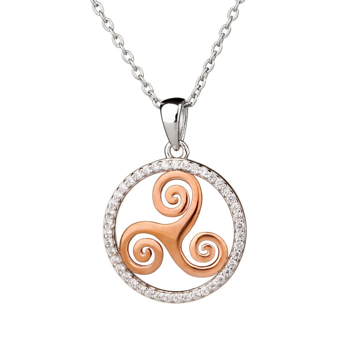 kette-anhaenger-triskele-spirale-silber-gold-kristall-irland-001 Newgrange Spiral - Keltische Triskele Kette aus Sterling Silber & Roségold