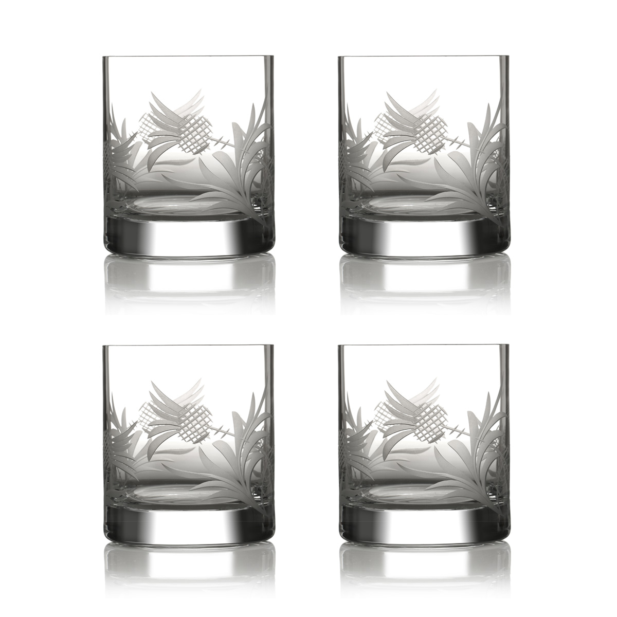 Flower of Scotland - Geschenkset - 4 x Kristall Whisky Glas mit gravierten Disteln