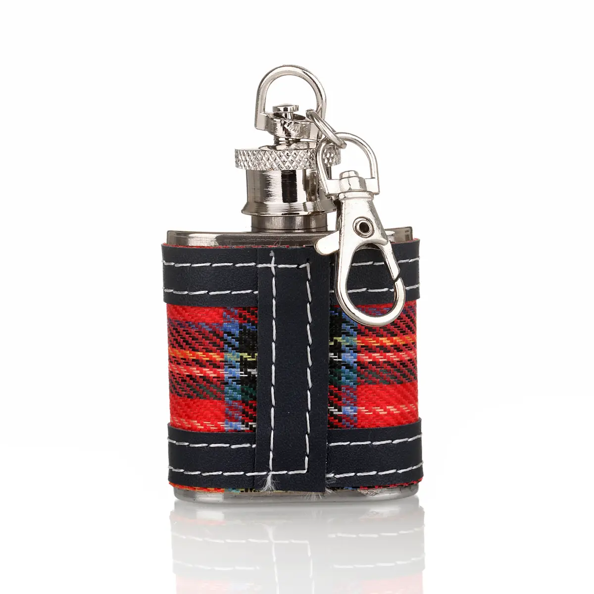 flachmann-mini-hip-flask-edelstahl-royal-stewart-tartan-schottland-001 Royal Stuart Tartan Mini Flachmann als Schlüsselanhänger - 30 ml