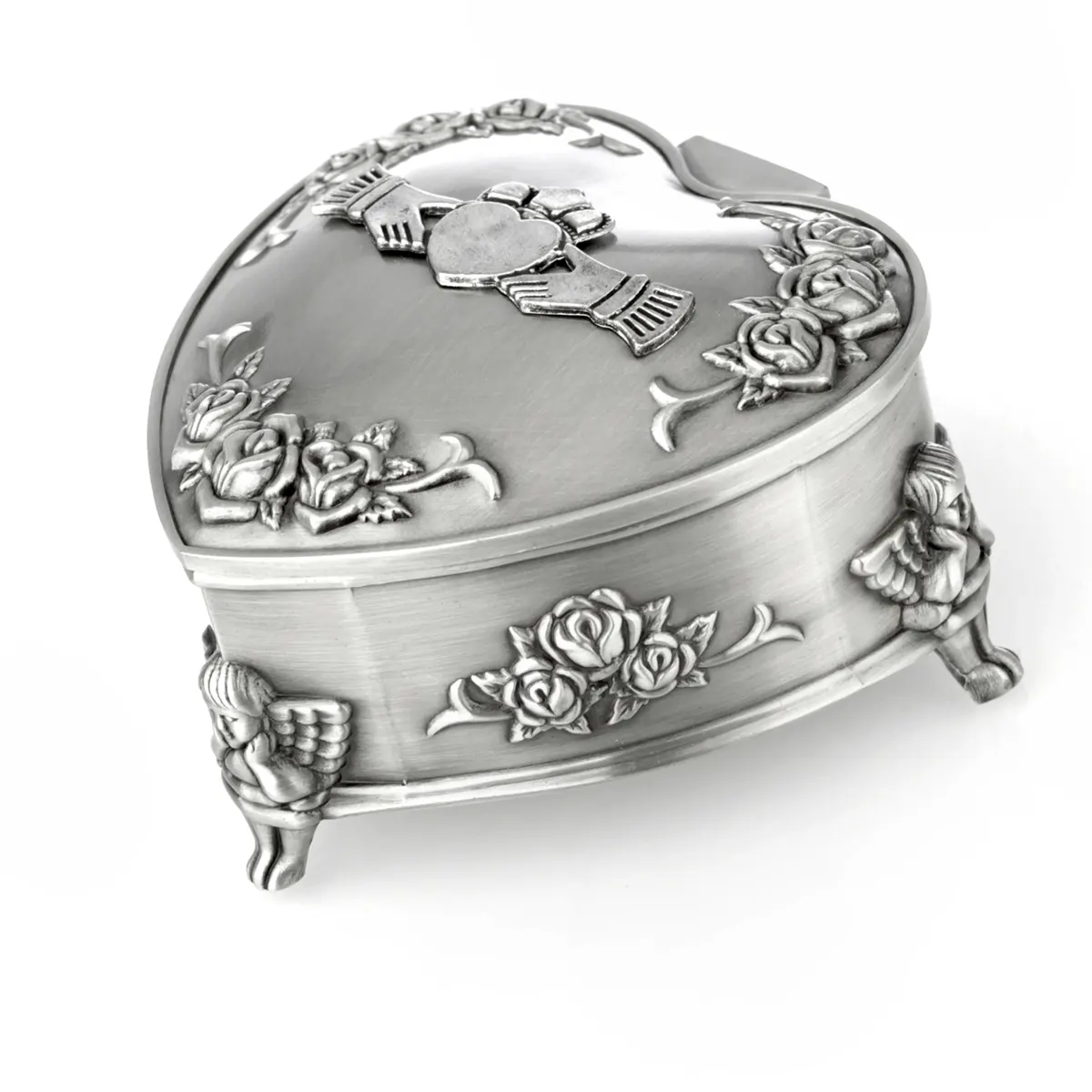 schmuck-schatulle-claddagh-keltisch-silber-metall-irland-009 Irische Claddagh Schmuckschatulle in Herzform - verziert mit Engeln & Rosen