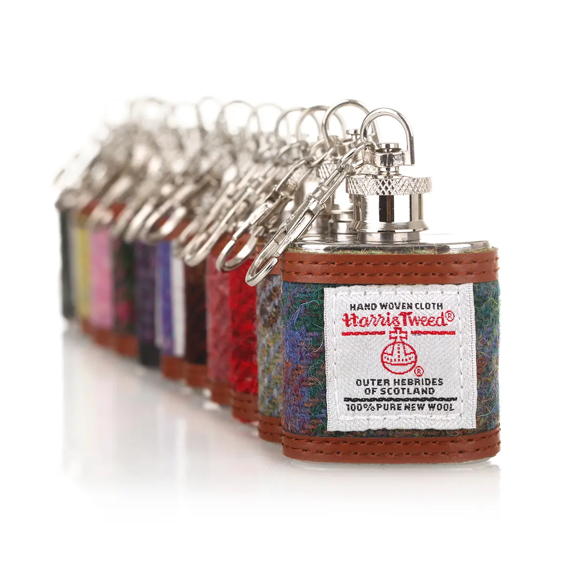flachmann-mini-hip-flask-edelstahl-harris-tweed-tartan-schottland-003 Wee Dram Harris Tweed Mini Flachmann als Schlüsselanhänger