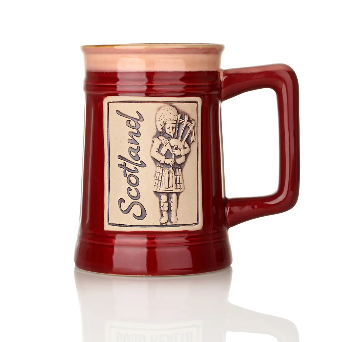 bier-krug-becher-tankard-schottland-piper-dudelsack-005 Scottisch Piper - Schottischer 1 Pint Bierkrug mit Dudelsackbläser - Rot