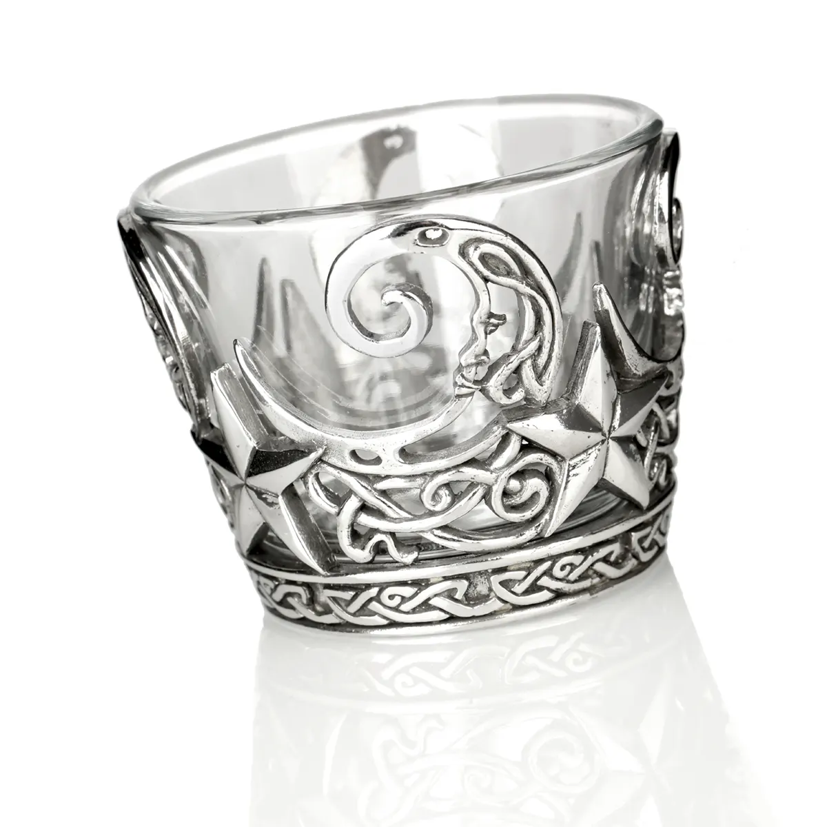 Celtic Moon & Stars Teelichthalter aus Glas & Zinn - keltischer Mond & Sterne