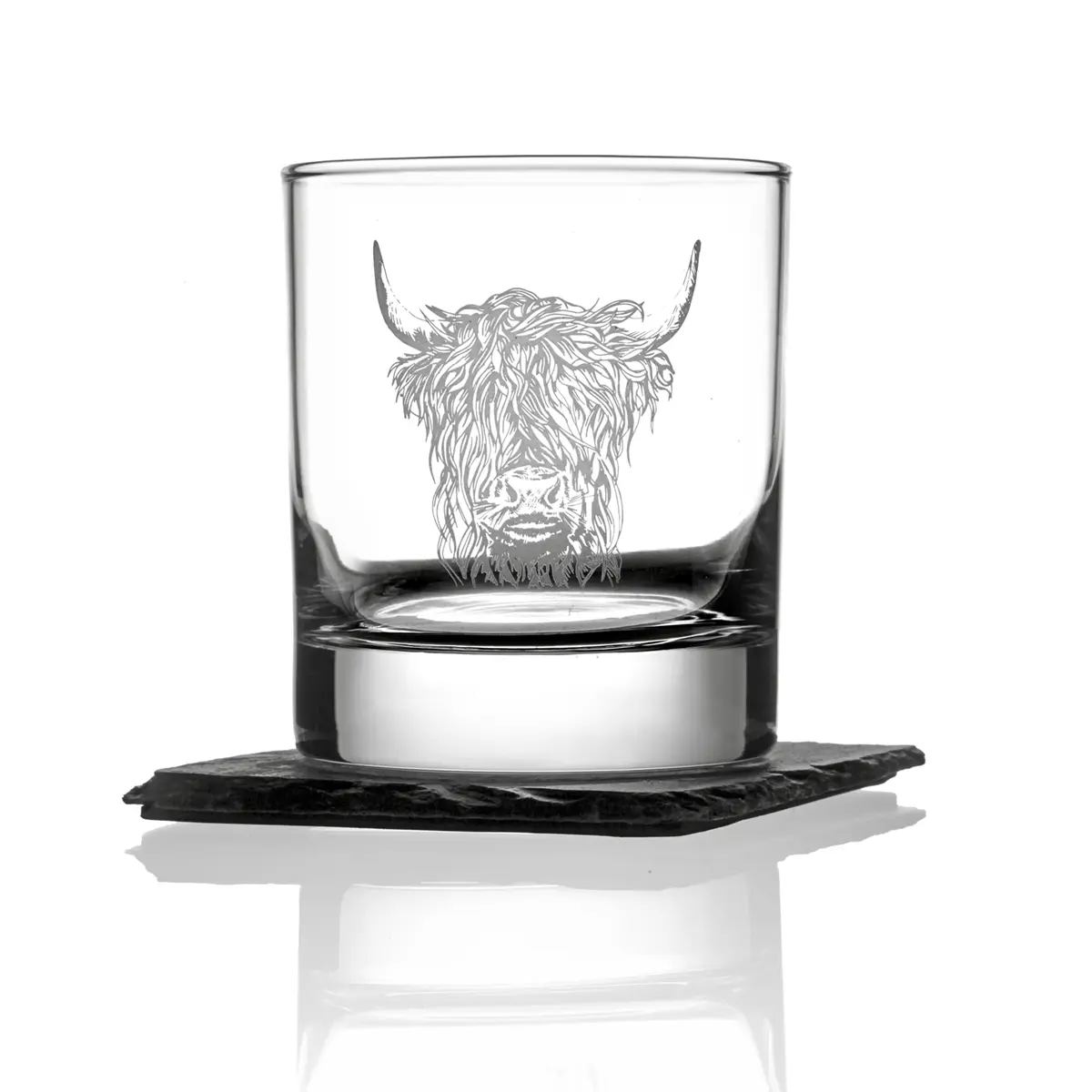 whisky-glas-set-schiefer-just-slate-schottland-highland-cow-box-001 Highland Cow Whisky Set - Whiskyglas mit Whisky-Steinen & Schiefer Untersetzer in Holzbox