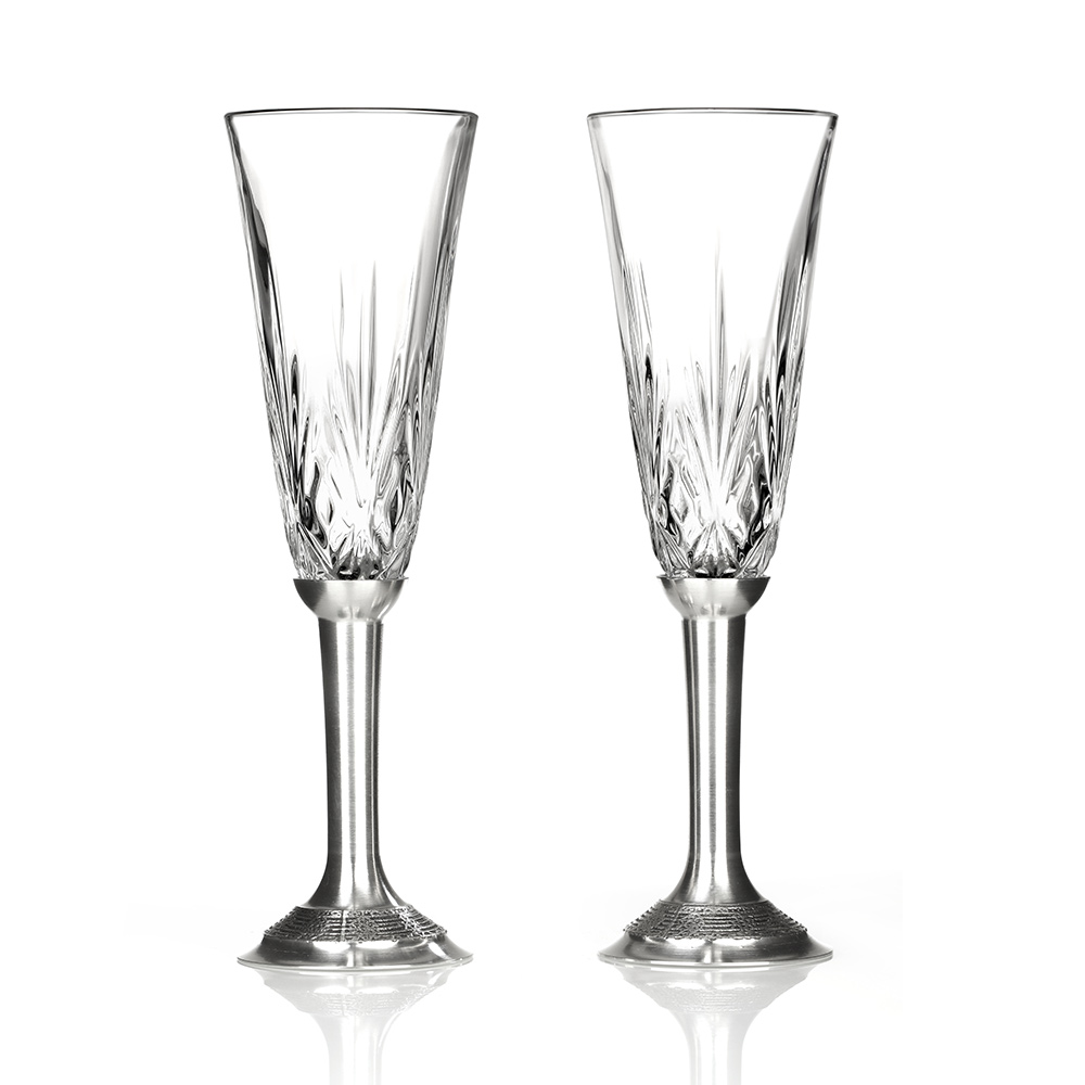 2 irische Champagner Gläser -  Kristallglas & Zinnfuß - Handgefertigt in Irland