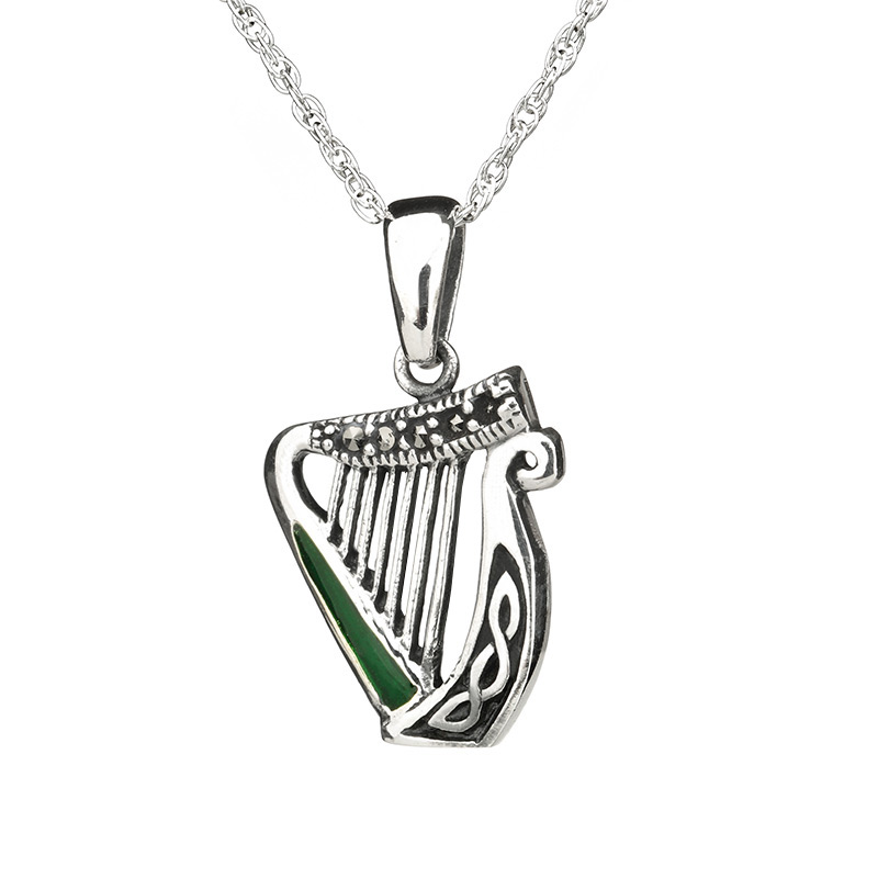 Celtic Harp Kette - Keltische Harfe aus Sterling Silber mit Emaille & Markasit