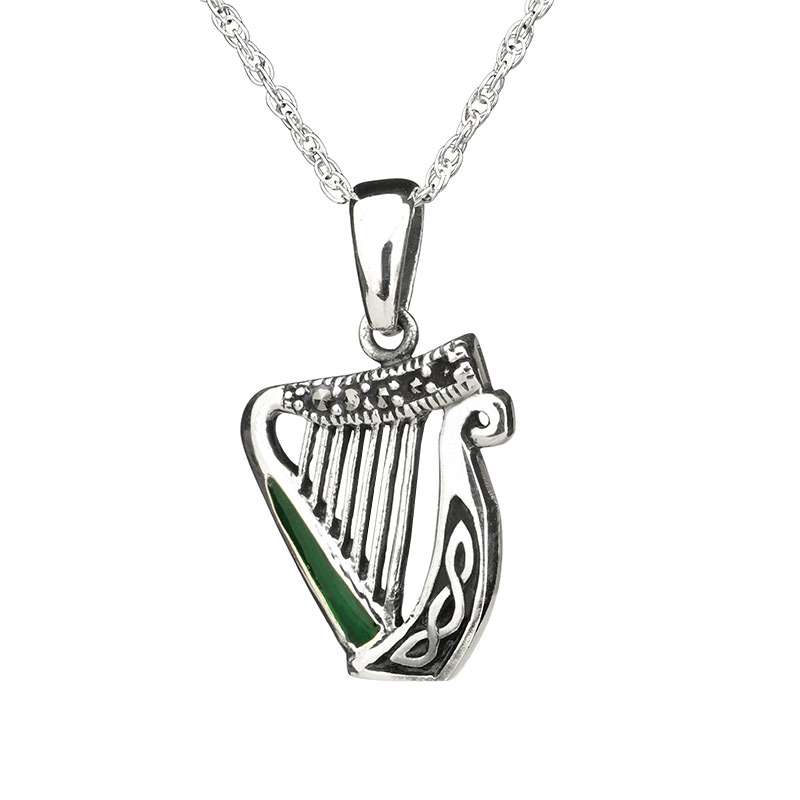 Keltisch-irisch-harfe-silber-0035821f51b6d2f3 Celtic Harp Kette - Keltische Harfe aus Sterling Silber mit Emaille & Markasit