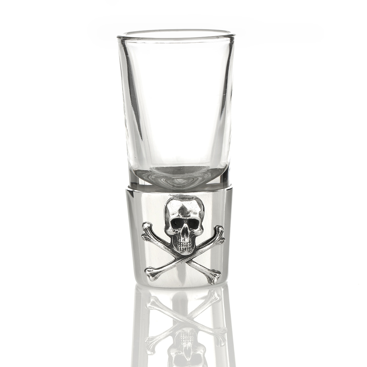 skull-shot-glas-pewter Handgefertigtes Skull Schnapsglas mit Totenkopf – Glas & Zinn