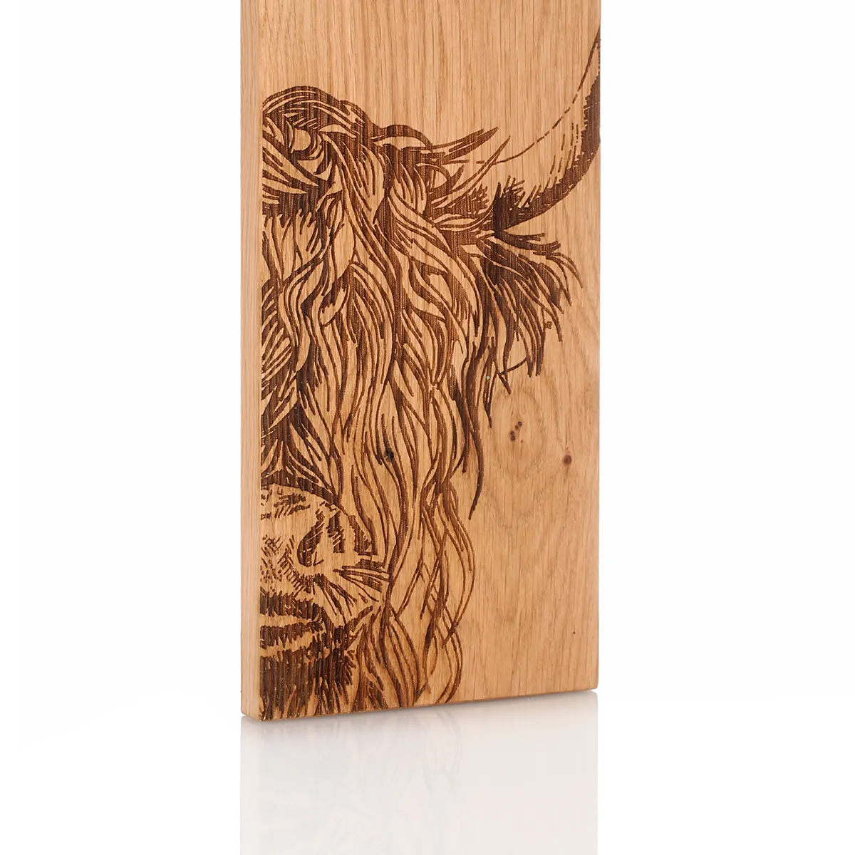 Schneidebrett-Holz-Paddel-Eiche-Oak-Schottland-Highland-Cow-Rind-009 Highland Cow Servierpaddel - Eichenholz Schneidebrett Made in Scotland