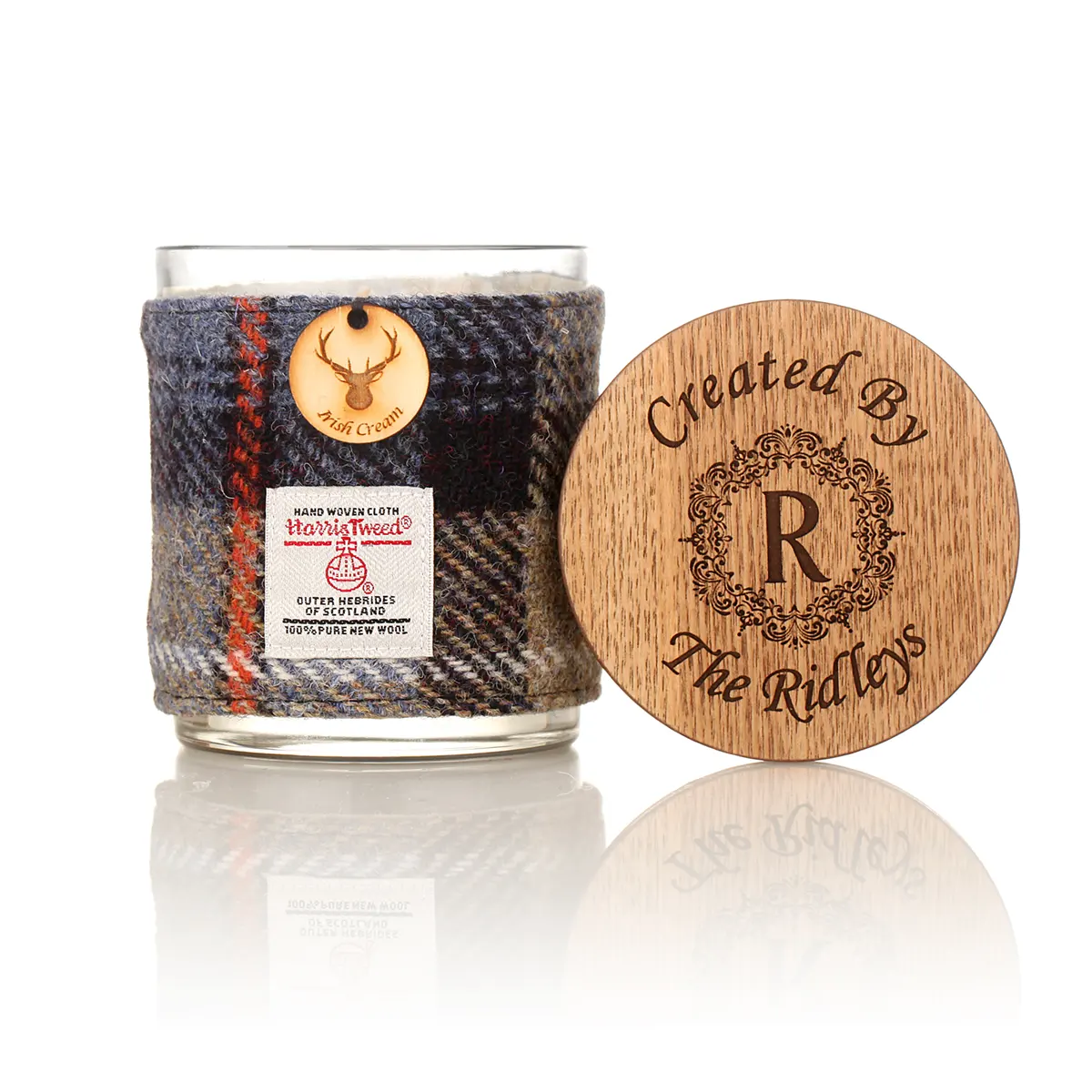 Irish Cream Duftkerze im Glas mit Harris Tweed Hülle & Holzdeckel Irish Cream Duftkerze im Glas mit Harris Tweed Hülle & Holzdeckel