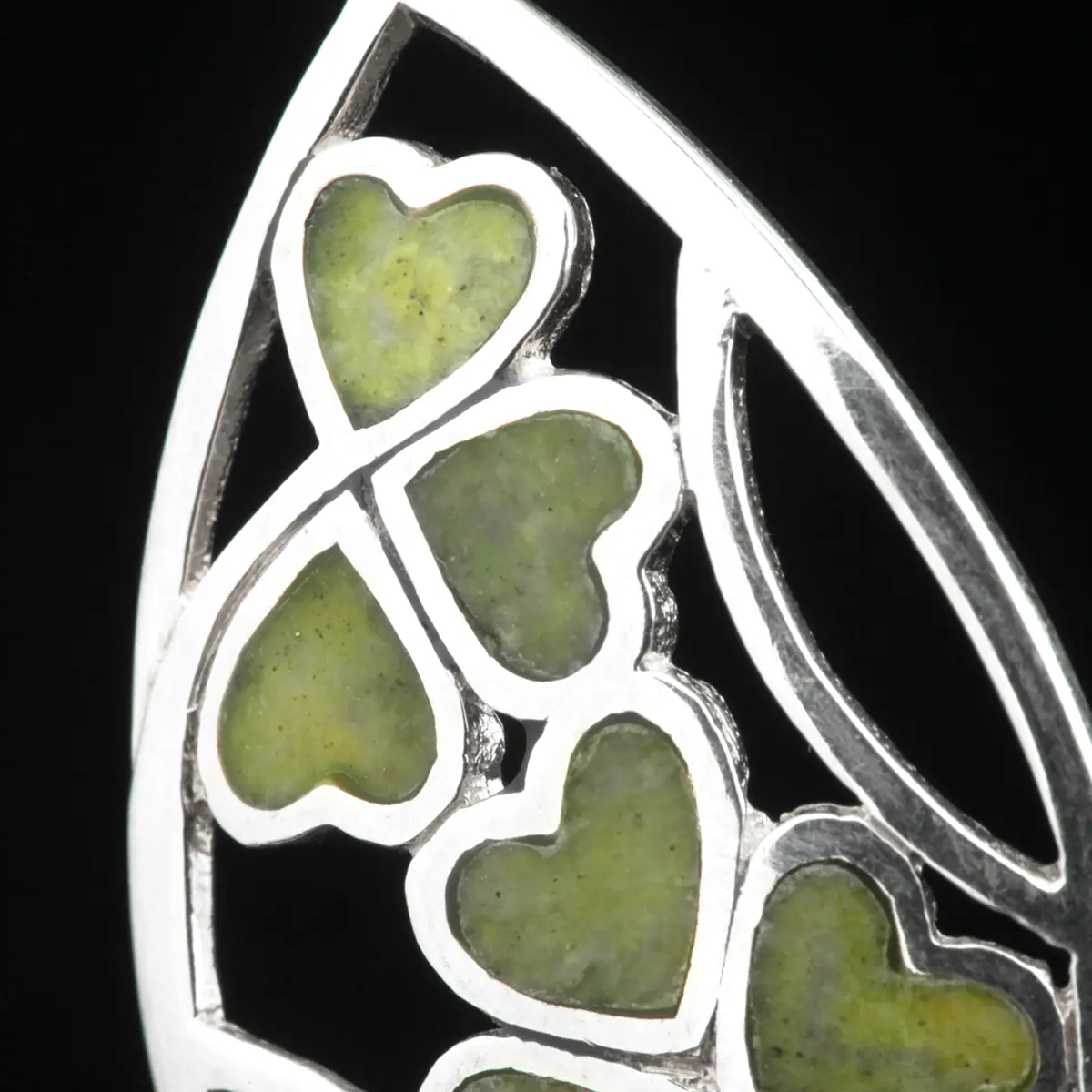 kette-anhaenger-connemara-marmor-silber-gruen-irish-shamrock-002 Hearts & Shamrock - Irische Kleeblatt Kette - Sterling Silber & Connemara Marmor