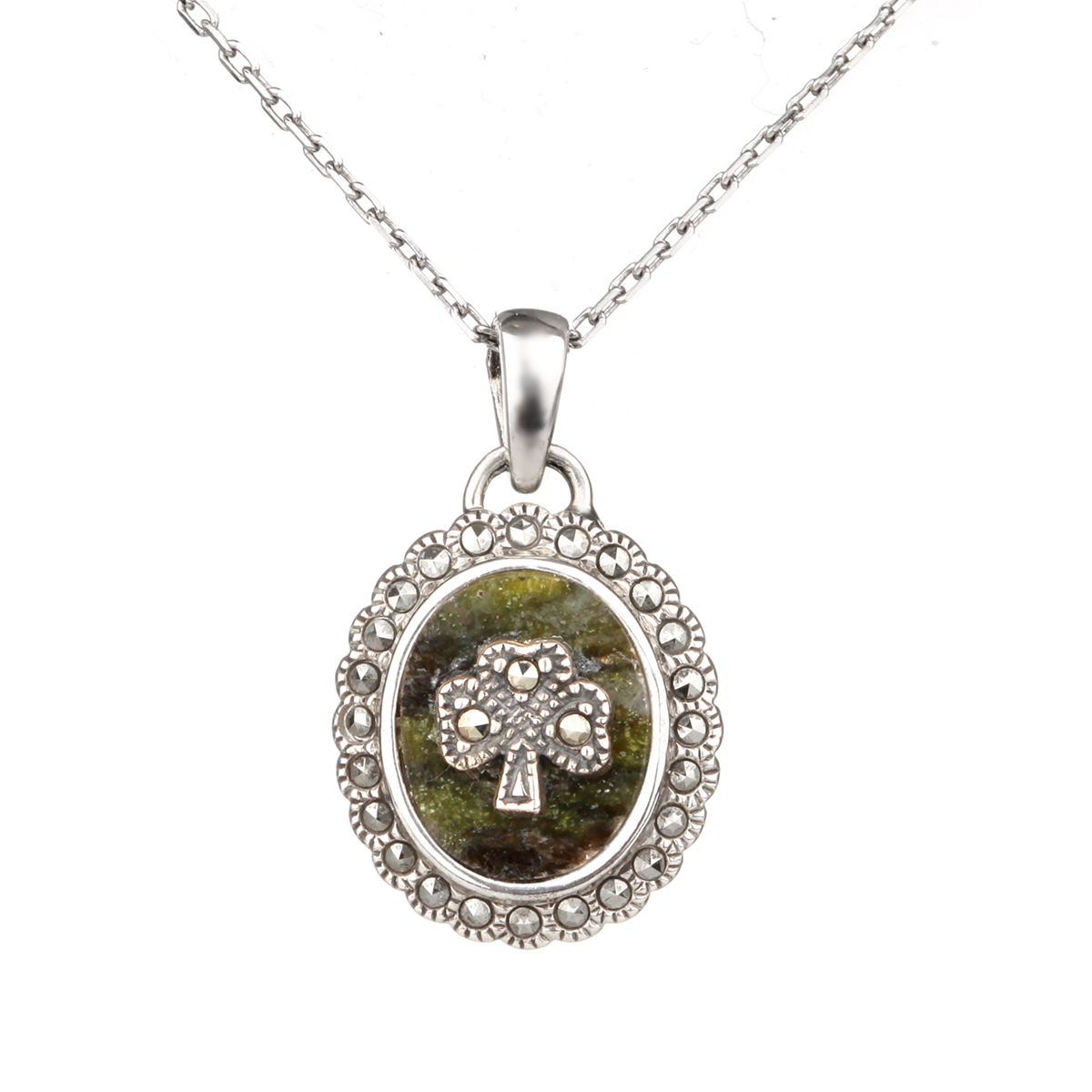kette-anhaenger-irland-markasit-shamrock-kleeblatt-002 Marble Shamrock - Irische Kleeblatt Kette mit Connemara Marmor & schwarzem Markasit